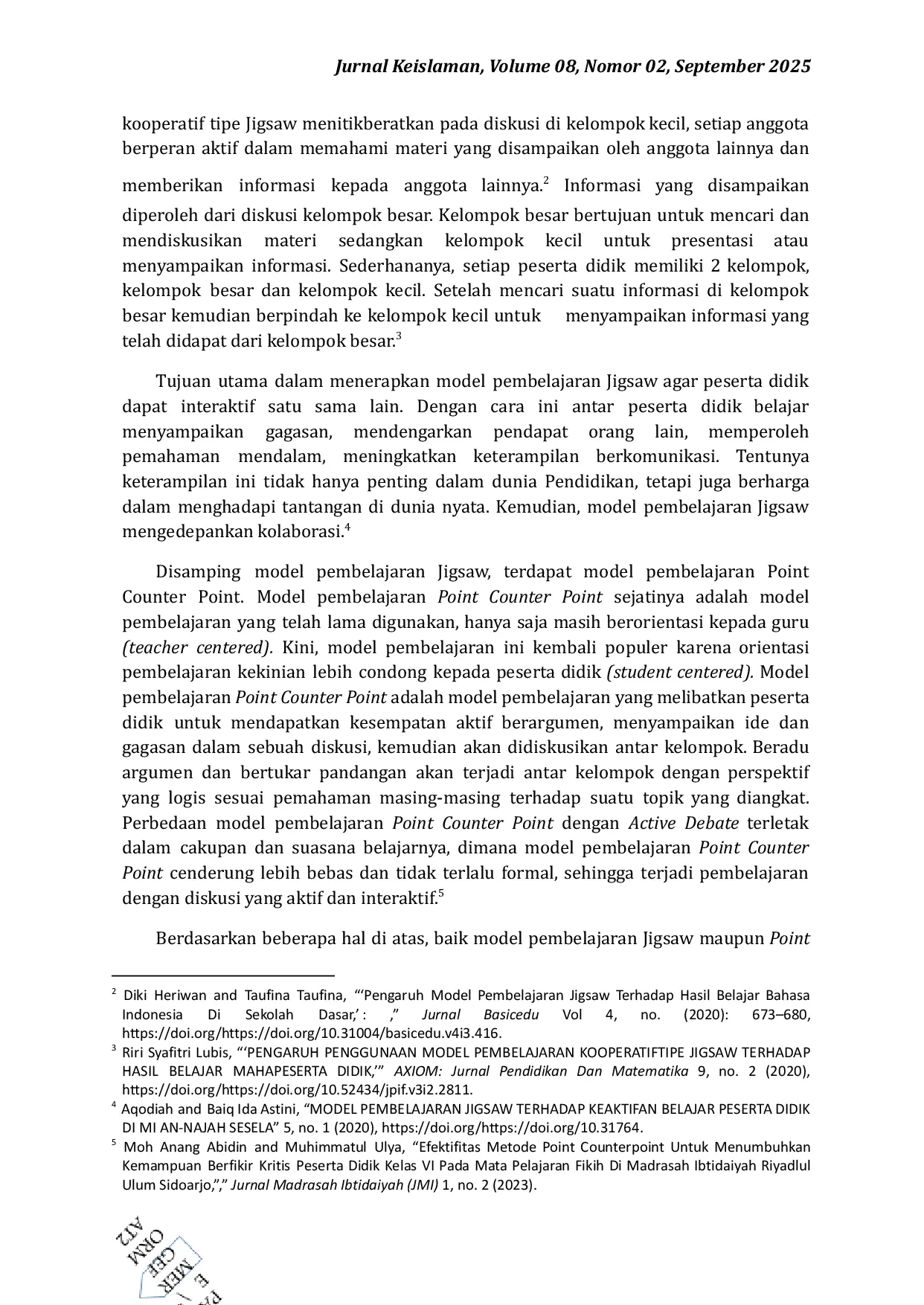 JURIS Komparasi Hasil Belajar Materi Al Kulliyatu Al Khamsah Quasi Eksperimen Penerapan Model Jigsaw Dengan Point Counter Point di Kelas X SMAN 3 Sidoarjo