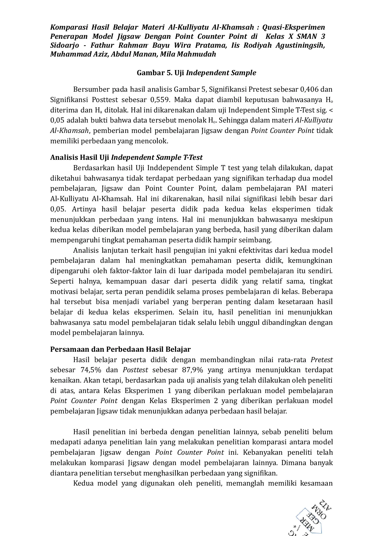 JURIS Komparasi Hasil Belajar Materi Al Kulliyatu Al Khamsah Quasi Eksperimen Penerapan Model Jigsaw Dengan Point Counter Point di Kelas X SMAN 3 Sidoarjo