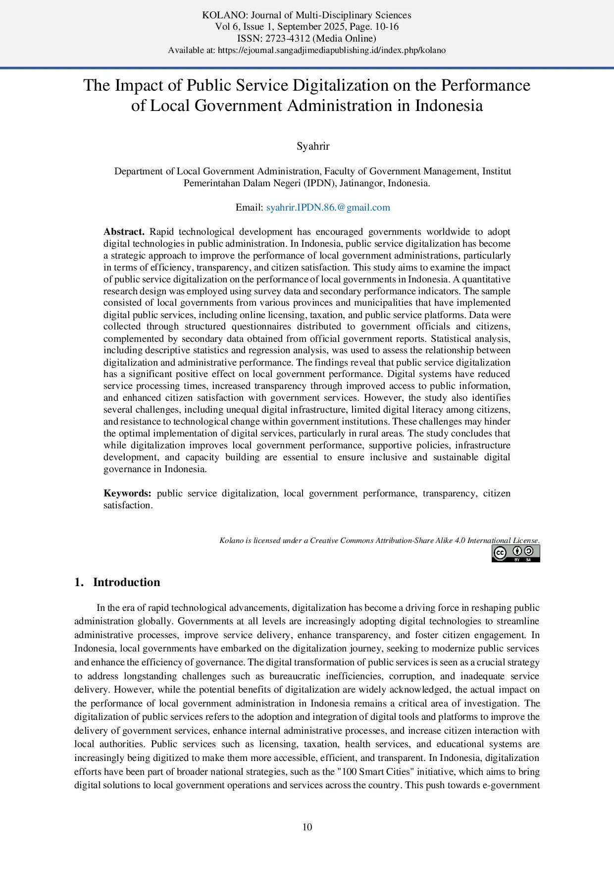 JURIS The Impact of Public Service Digitalization on the Performance of Local Government Administration in Indonesia