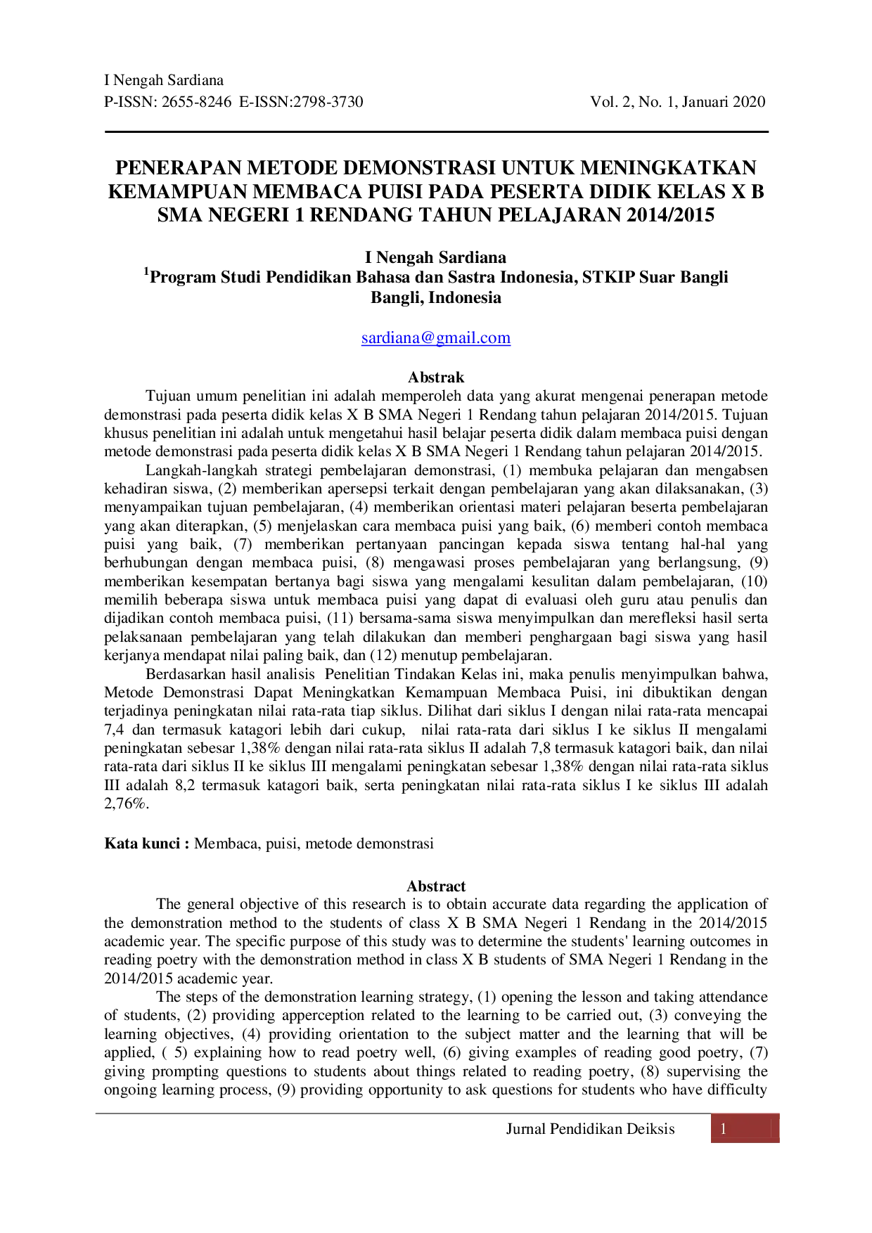 JURIS Penerapan Metode Demonstrasi Untuk Meningkatkan Kemampuan Membaca Puisi Pada Peserta Didik Kelas X B SMA Negeri 1 Rendang Tahun Pelajaran 2014 2015