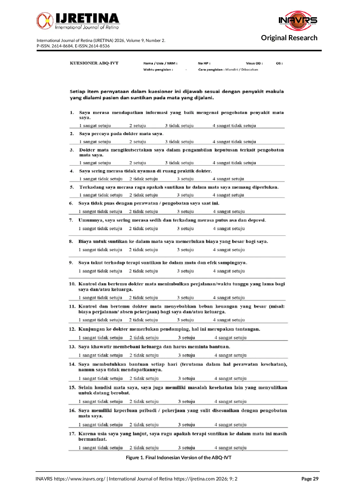 JURIS Transcultural Validation of the Indonesian Version of the Adherence Barriers Questionnaire Intravitreal Injection ABQ IVT in Neovascular Age related Macular Degeneration nAMD