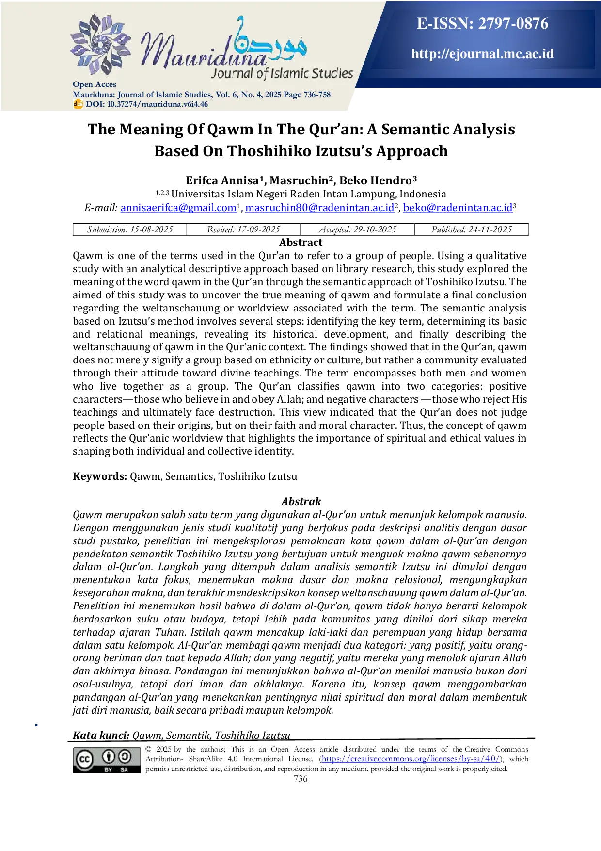 JURIS The Meaning Of Qawm In The Qur an A Semantic Analysis Based On Thoshihiko Izutsu s Approach