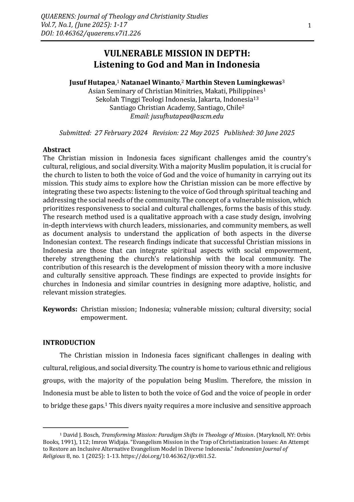 JURIS Vulnerable Mission in Depth Listening to God and Man in Indonesia