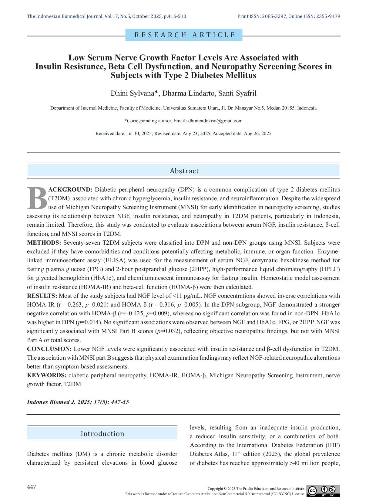 JURIS Hubungan Kadar Serum Nerve Growth Factor yang Rendah dengan Resistensi Insulin Disfungsi Beta Sel dan Skor Skrining Neuropati pada Subjek dengan Diabetes Mellitus Tipe 2