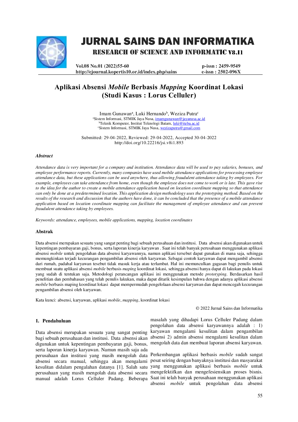 JURIS Aplikasi Absensi Mobile Berbasis Mapping Koordinat Lokasi Studi Kasus Lorus Celluler