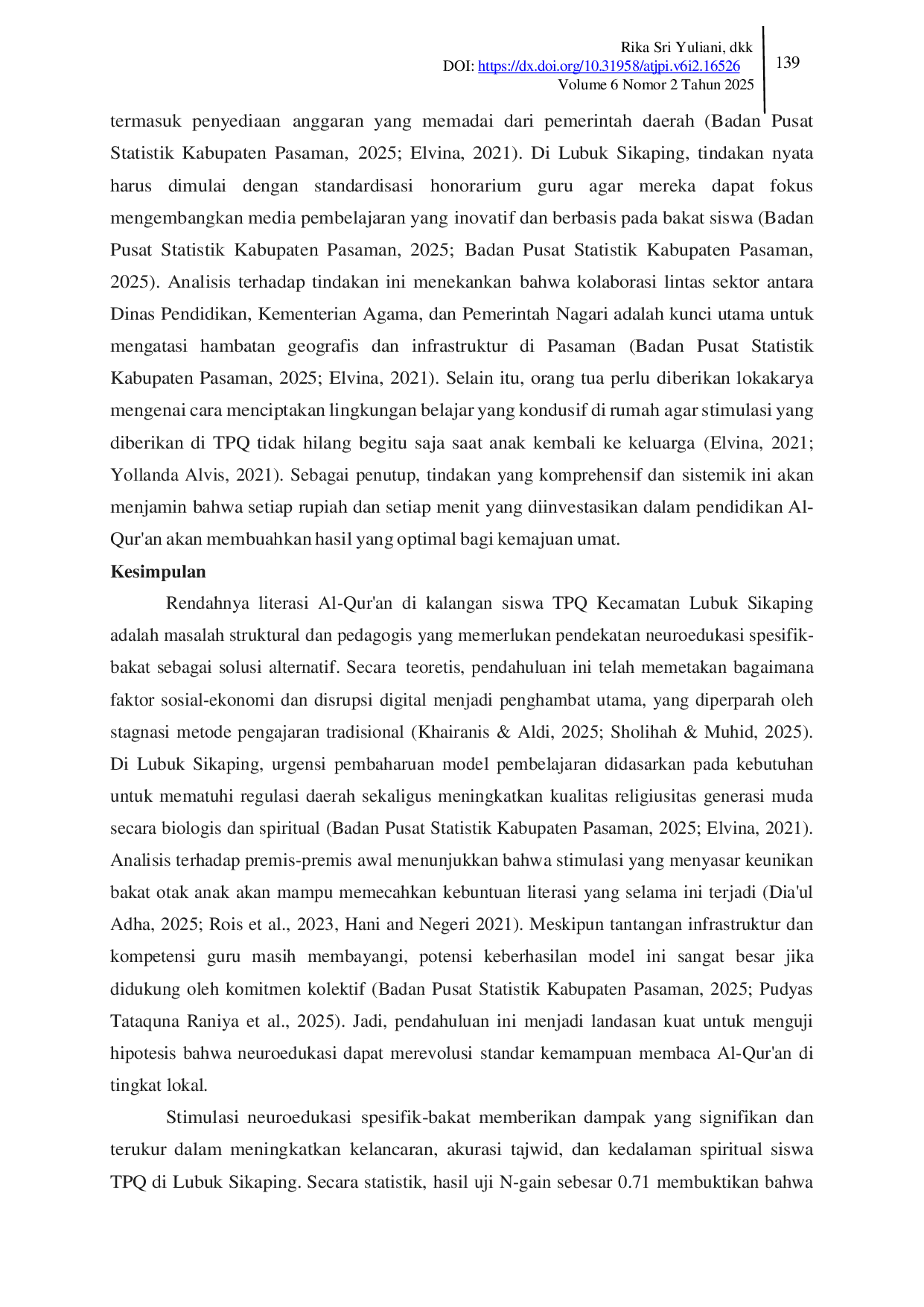 JURIS Stimulasi Neuroedukasi Spesifik Bakat untuk Meningkatkan Kemampuan Membaca Al Qur an pada Siswa TPQ di Kecamatan Lubuk Sikaping