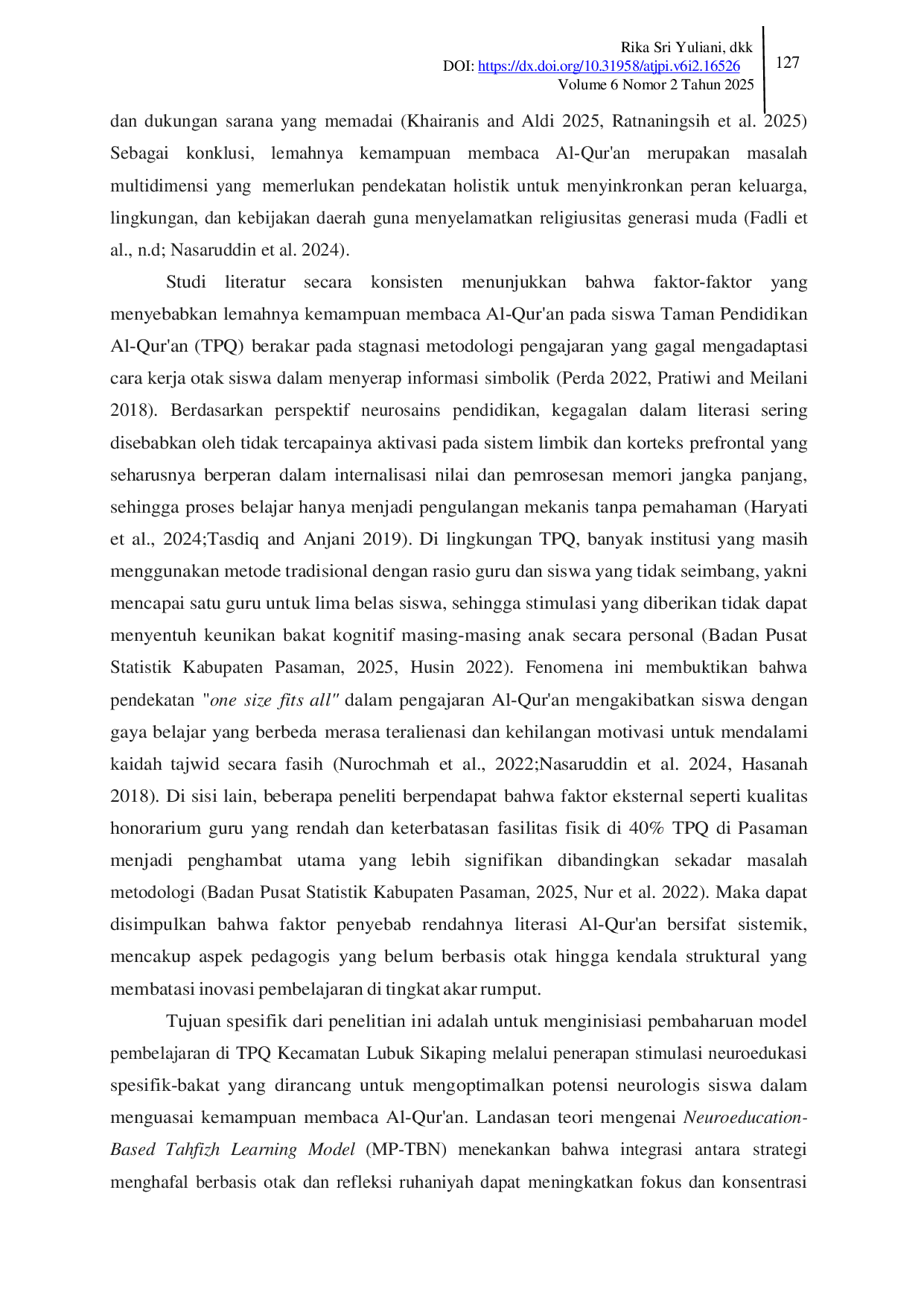 JURIS Stimulasi Neuroedukasi Spesifik Bakat untuk Meningkatkan Kemampuan Membaca Al Qur an pada Siswa TPQ di Kecamatan Lubuk Sikaping