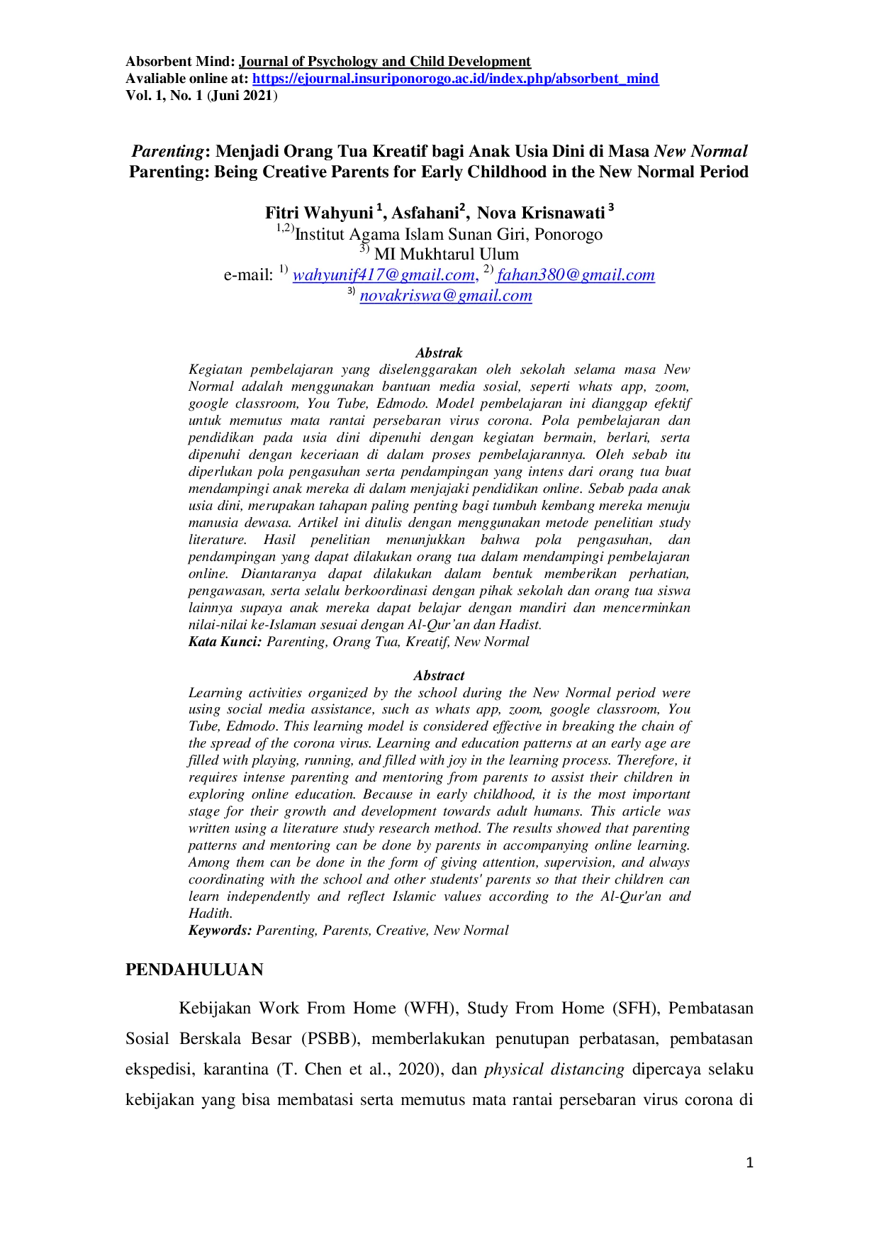 JURIS Parenting Menjadi Orang Tua Kreatif Bagi Anak Usia Dini Di Masa New Normal