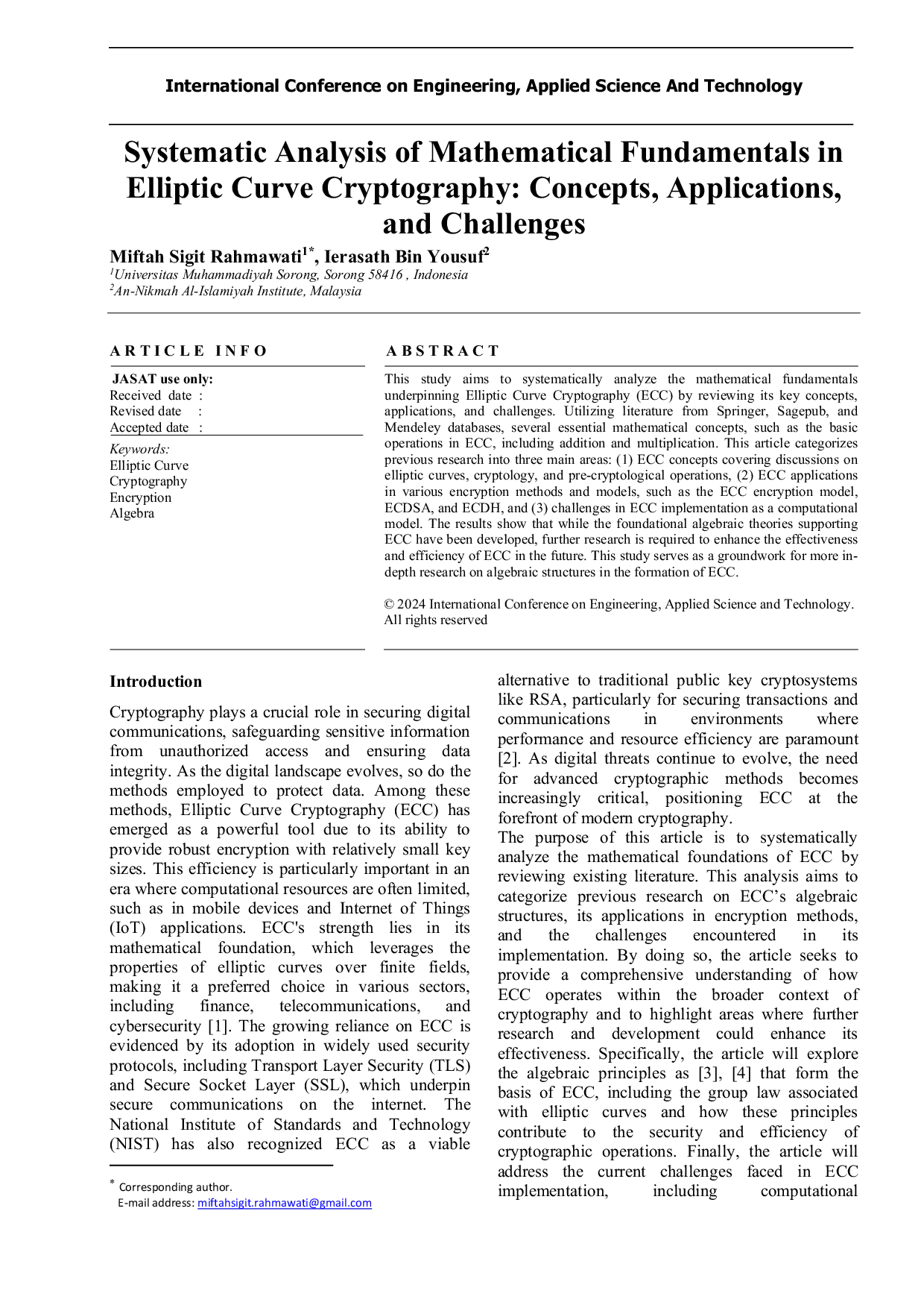 JURIS Systematic Analysis of Mathematical Fundamentals in Elliptic Curve Cryptography Concepts Applications and Challenges