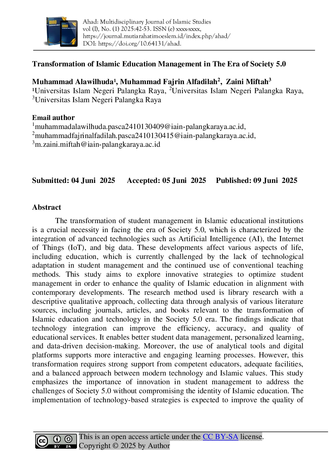 JURIS Transformation of Islamic Education Management in The Era of Society 5 0