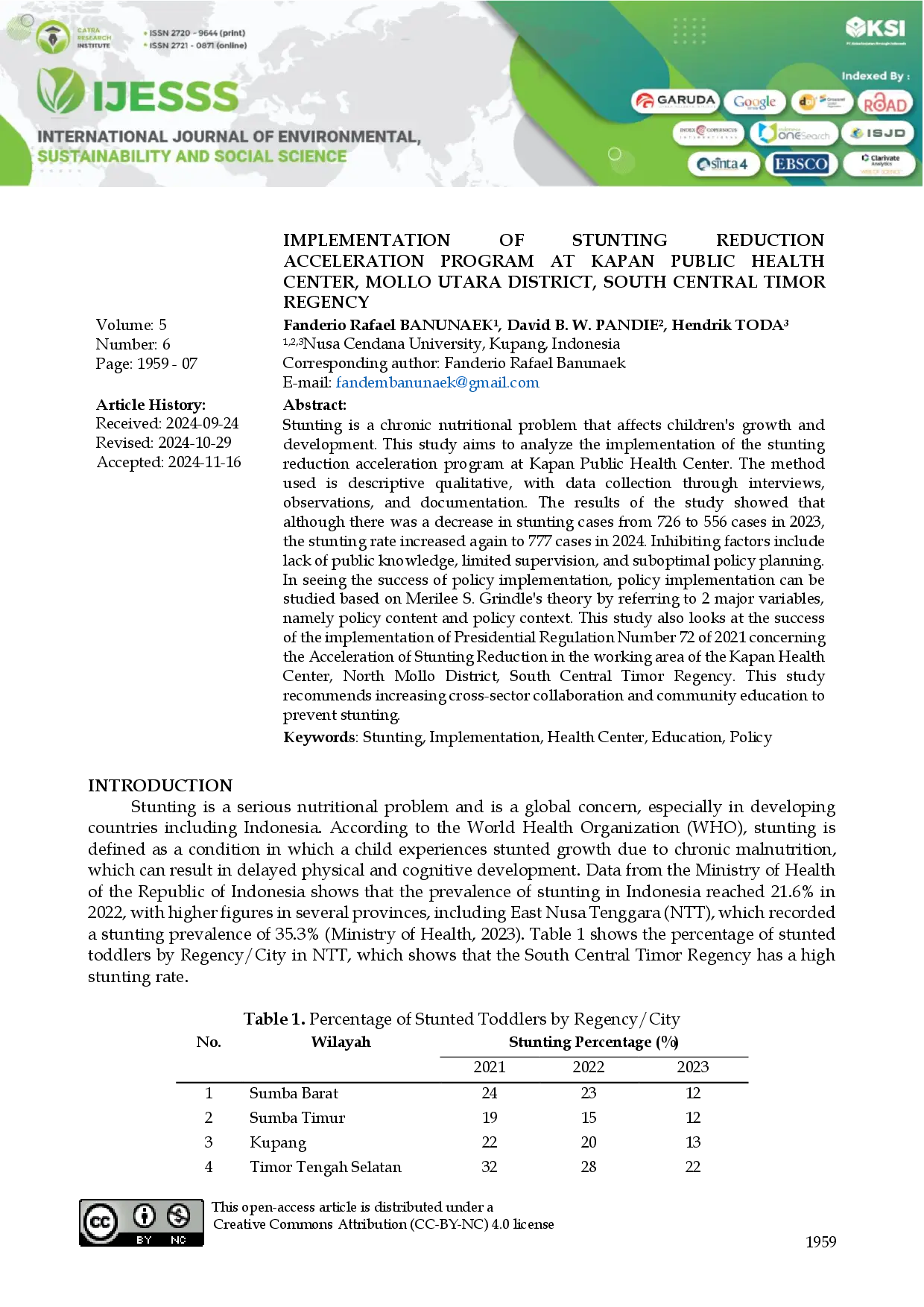 juris Implementation of Stunting Reduction Acceleration Program at Kapan Public Health Center Mollo Utara District South Central Timor Regency