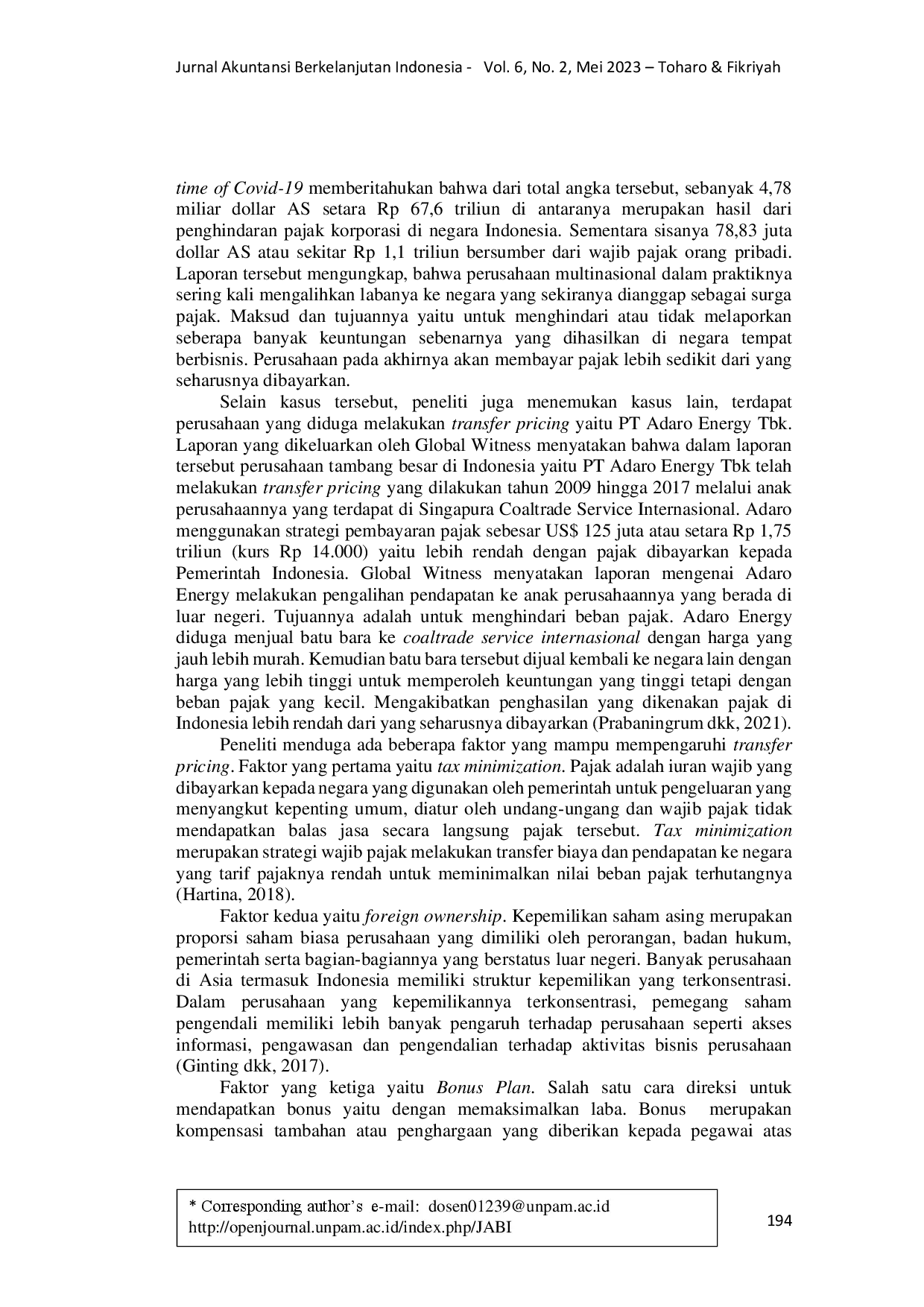 juris Pengaruh Tax Minimization Foreign Ownership dan Bonus Plan terhadap Transfer Pricing