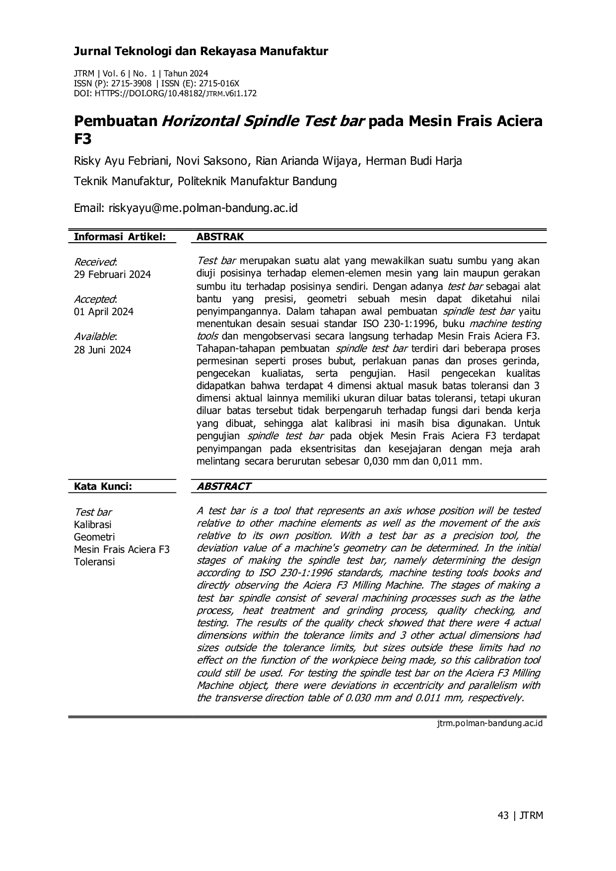 JURIS Pembuatan Horizontal Spindle Test bar pada Mesin Frais Aciera F3