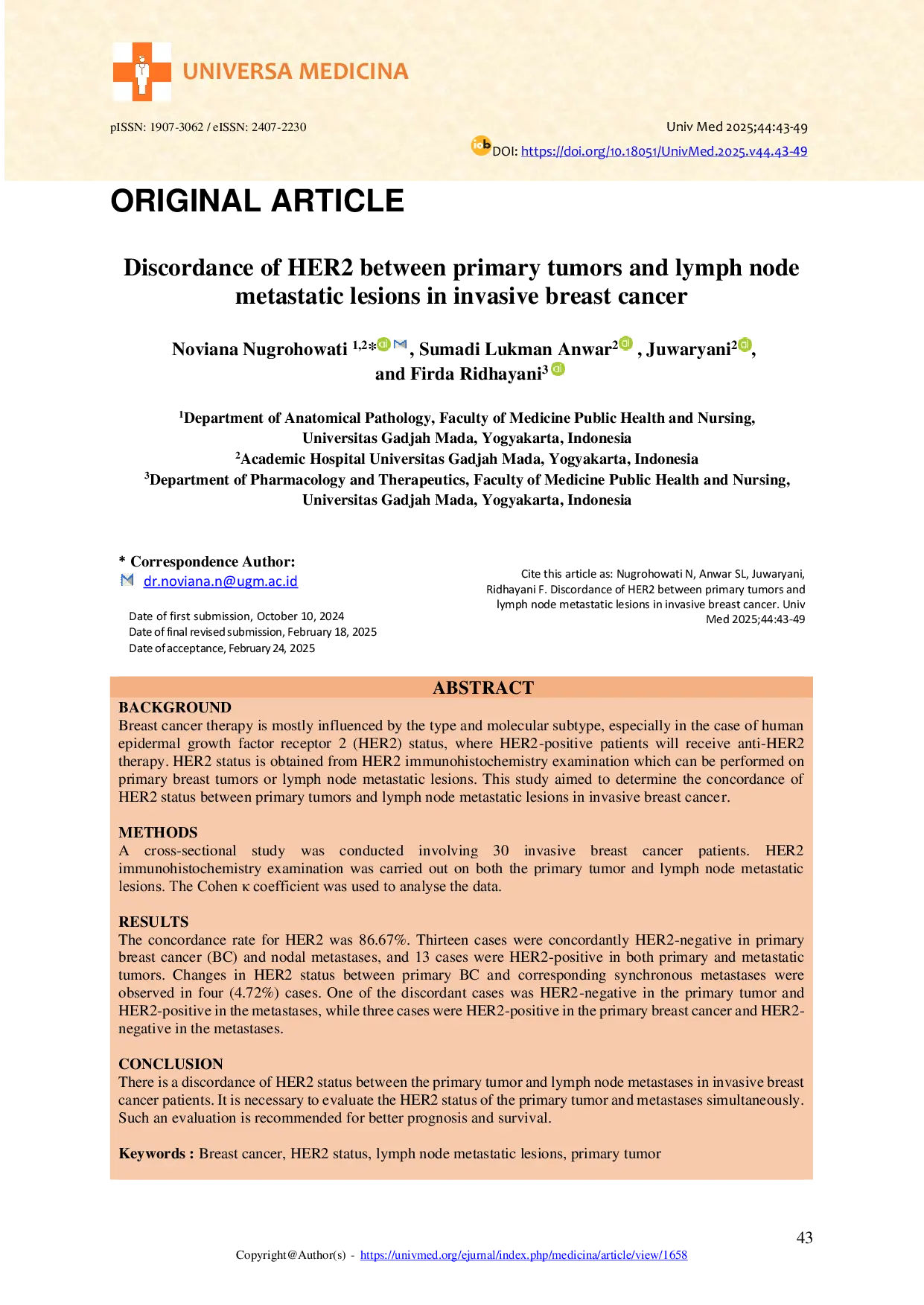 JURIS Discordance of HER2 between primary tumors and lymph node metastatic lesions in invasive breast cancer