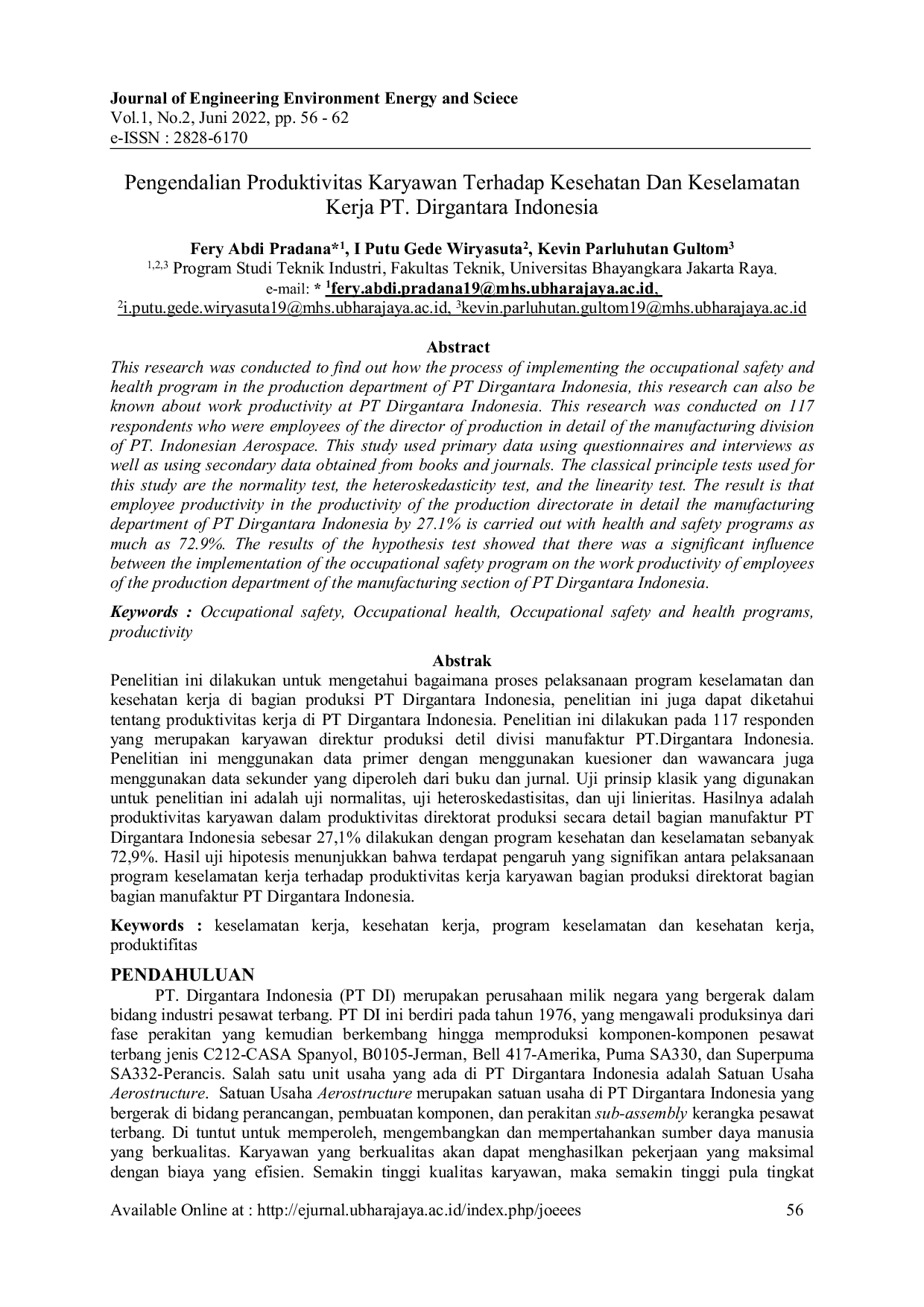 JURIS Pengendalian Produktivitas Karyawan Terhadap Kesehatan Dan Keselamatan Kerja PT Dirgantara Indonesia
