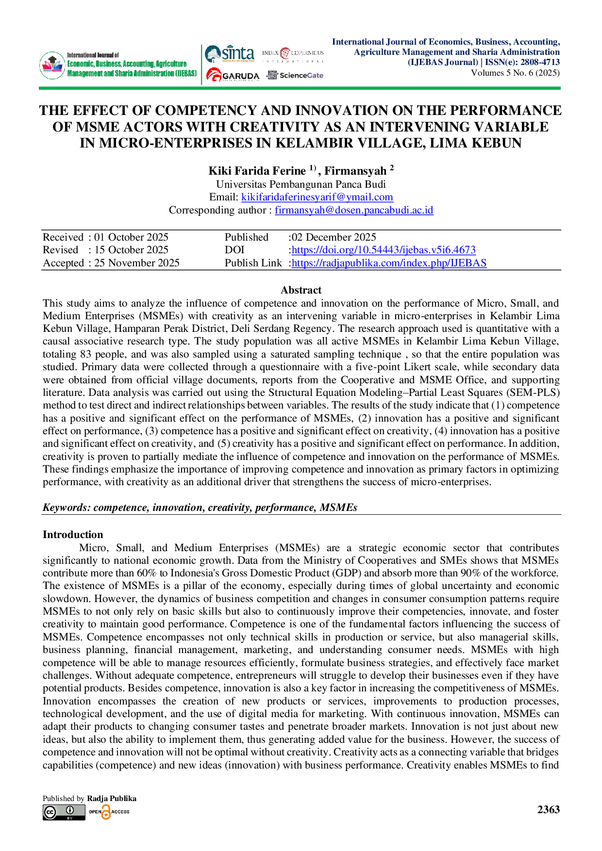 JURIS THE EFFECT OF COMPETENCY AND INNOVATION ON THE PERFORMANCE OF MSME ACTORS WITH CREATIVITY AS AN INTERVENING VARIABLE IN MICRO ENTERPRISES IN KELAMBIR VILLAGE LIMA KEBUN