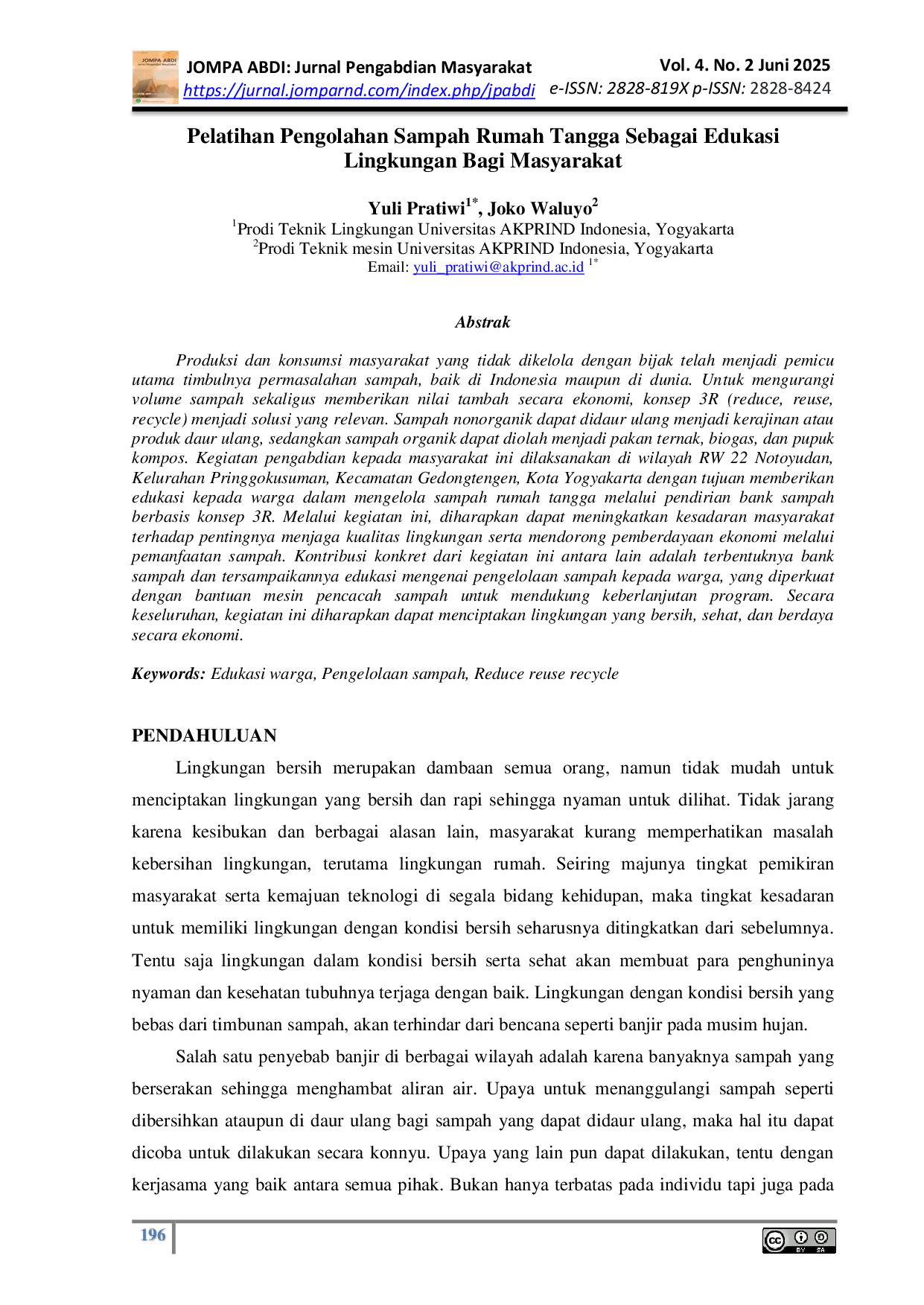 JURIS Pelatihan Pengolahan Sampah Rumah Tangga Sebagai Edukasi Lingkungan Bagi Masyarakat