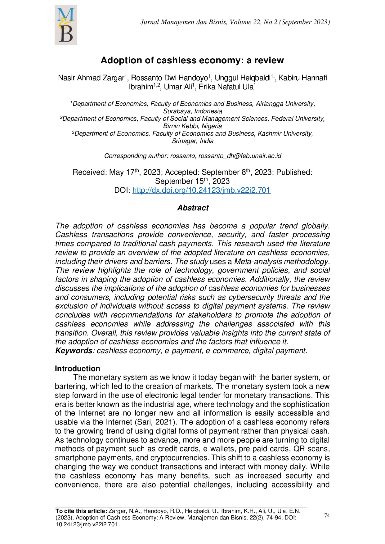 JURIS Adoption of Cashless Economy A Review