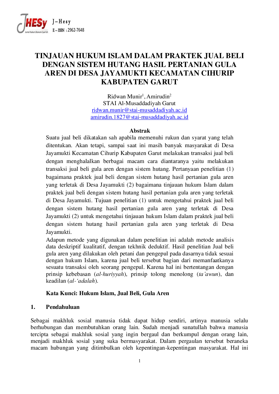 JURIS Tinjauan Hukum Islam dalam Praktik Jual Beli Sistem Hutang Hasil Pertanian Gula Aren Studi Kasus di Desa Jayamukti