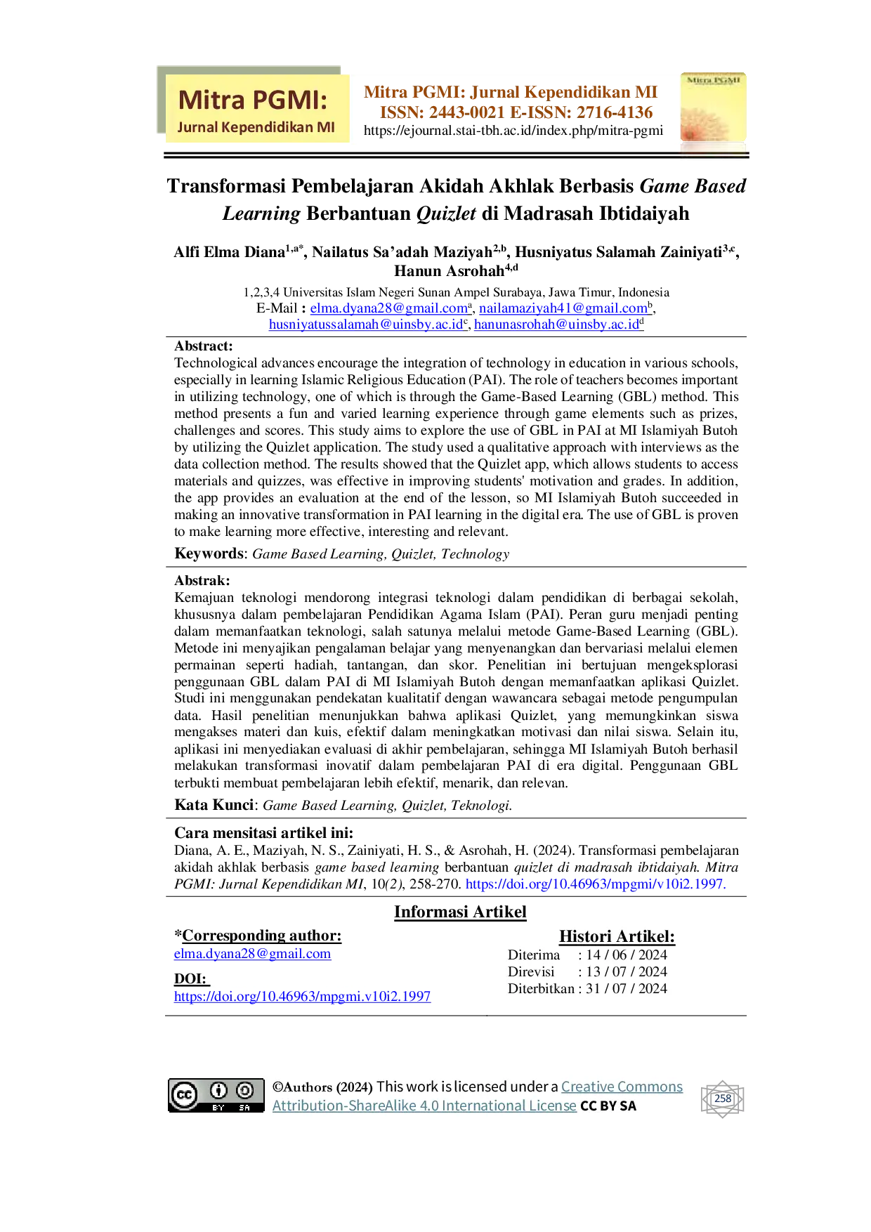 JURIS Transformasi Pembelajaran Akidah Akhlak Berbasis Game Based Learning Berbantuan Quizlet di Madrasah Ibtidaiyah