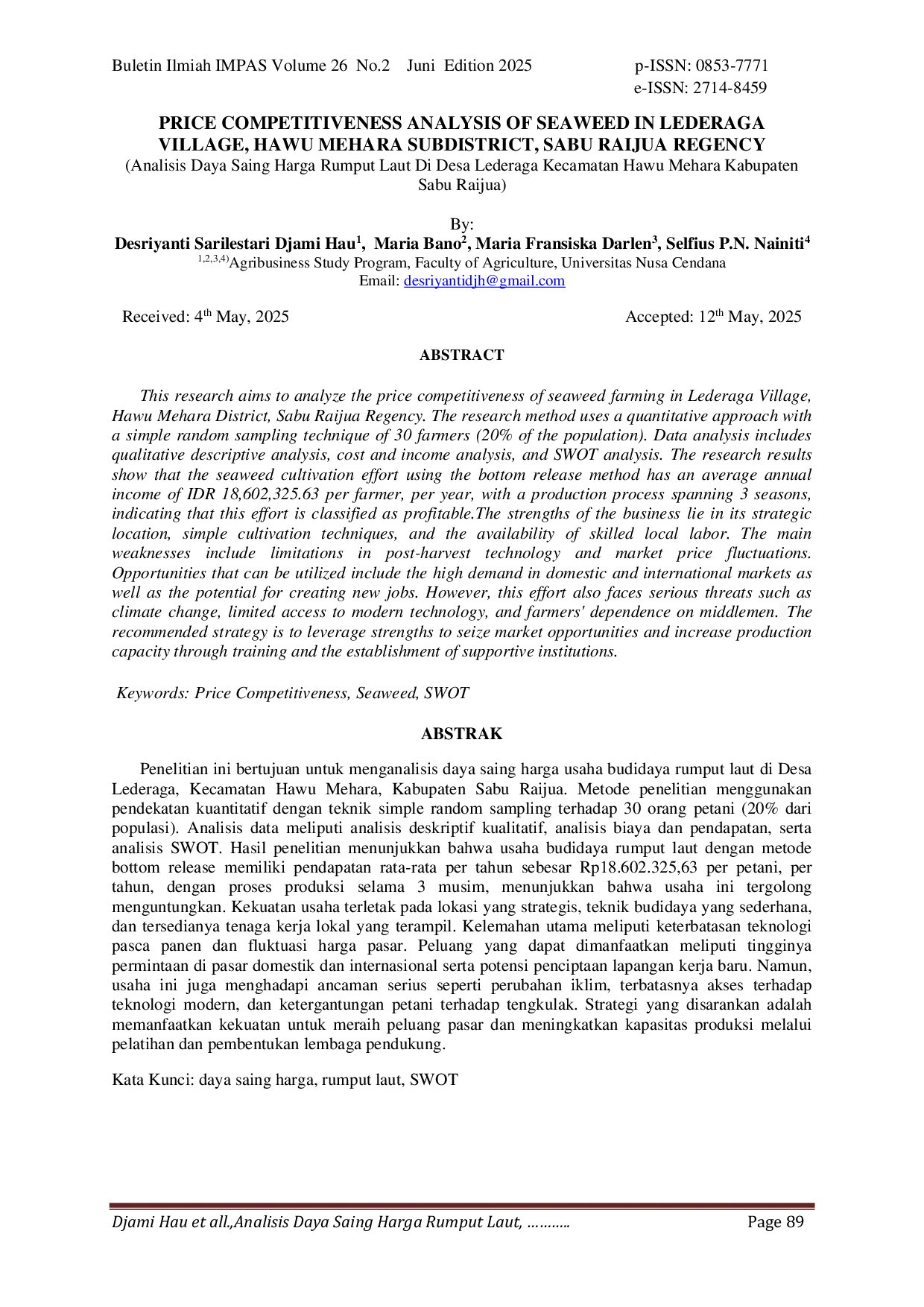 JURIS Price Competitiveness Analysis of Seaweed in Lederaga Village Hawu Mehara Subdistrict Sabu Raijua Regency