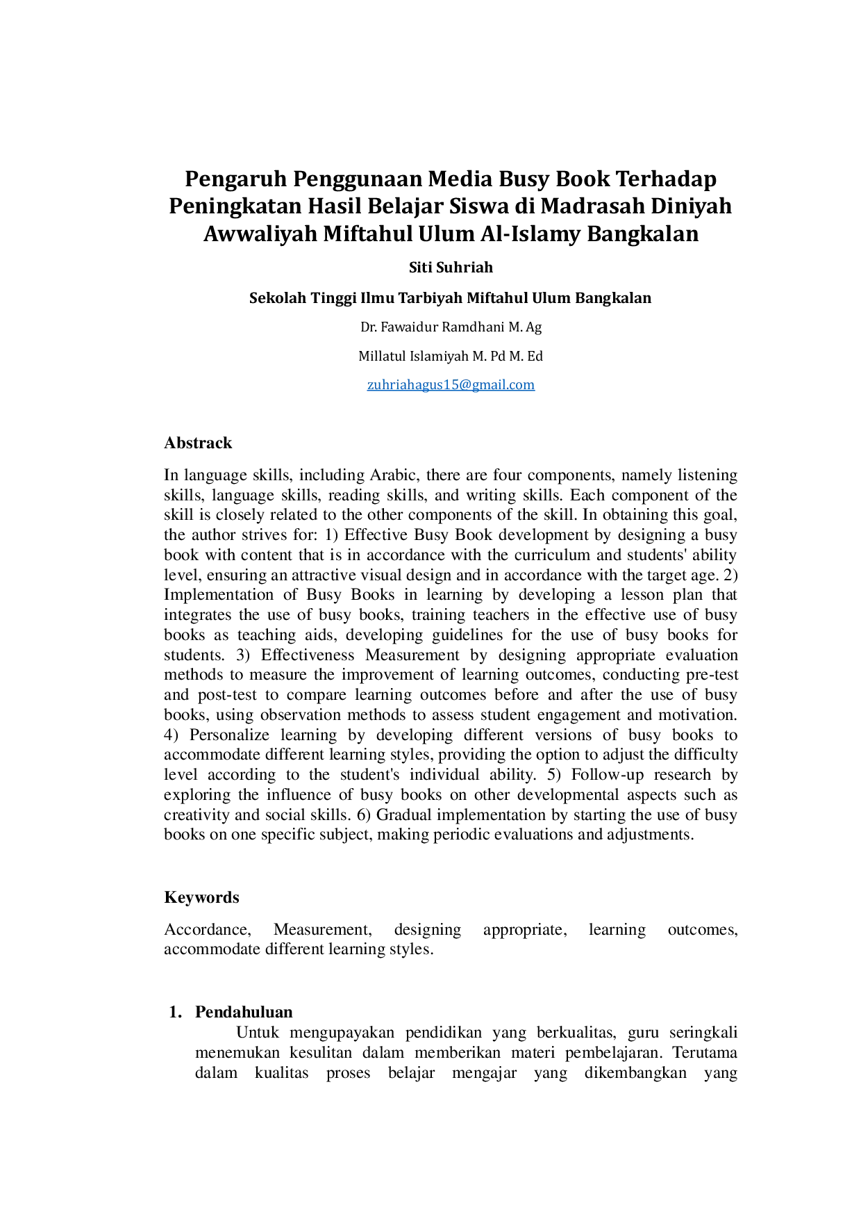 JURIS Pengaruh Penggunaan Media Busy Book Terhadap Peningkatan Hasil Belajar Siswa di Madrasah Diniyah