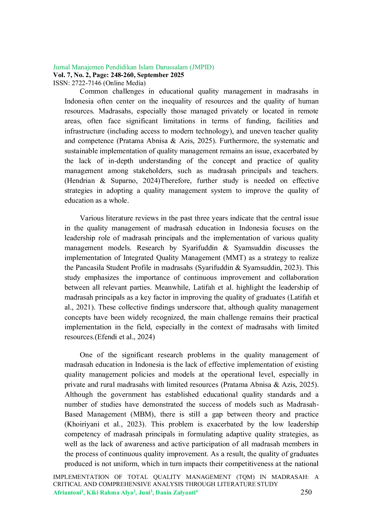 JURIS Implementation Of Total Quality Management TQM In Madrasah A Critical And Comprehensive Analysis Through Literature Study
