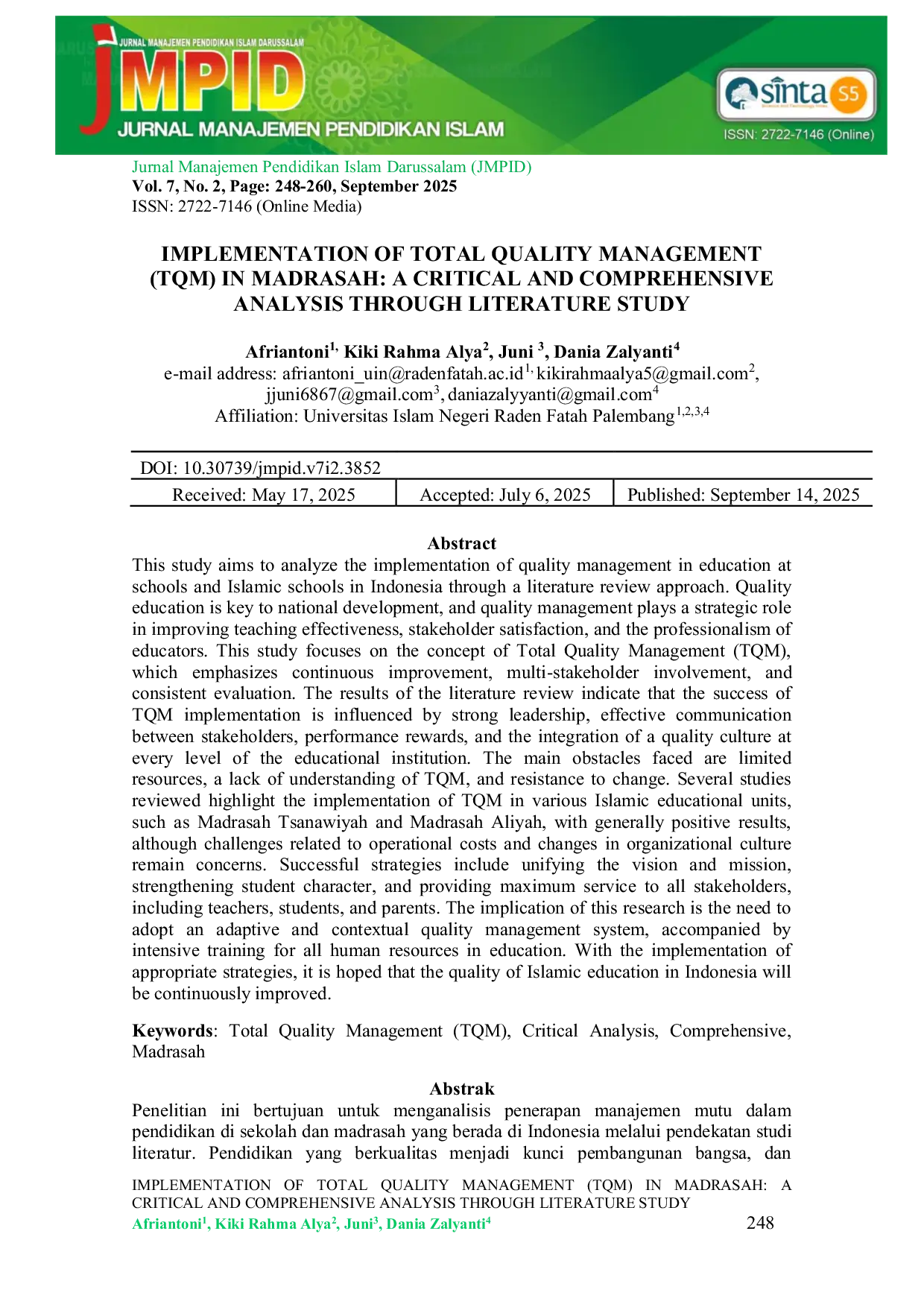 JURIS Implementation Of Total Quality Management TQM In Madrasah A Critical And Comprehensive Analysis Through Literature Study