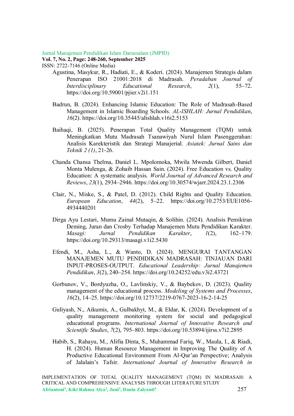 JURIS Implementation Of Total Quality Management TQM In Madrasah A Critical And Comprehensive Analysis Through Literature Study