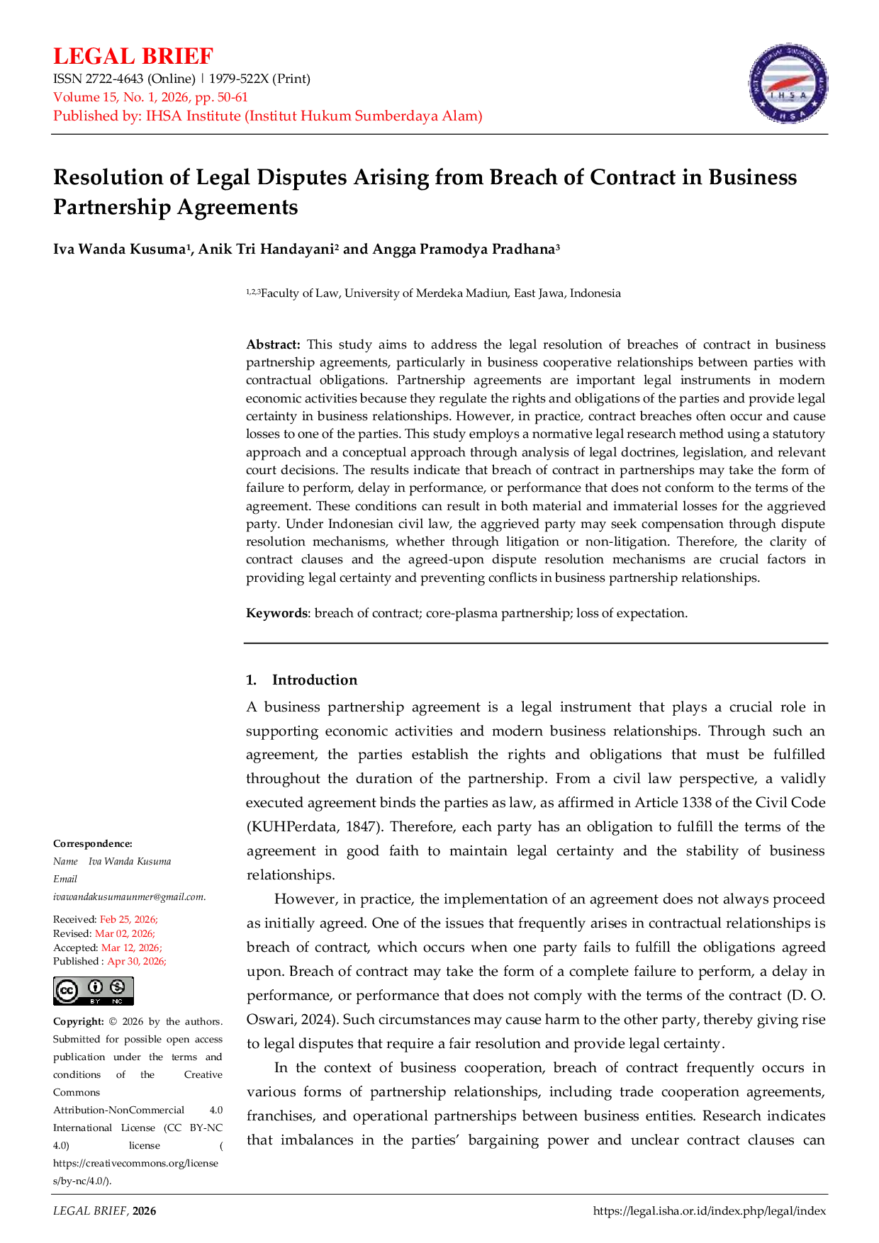 JURIS Resolution of Legal Disputes Arising from Breach of Contract in Business Partnership Agreements