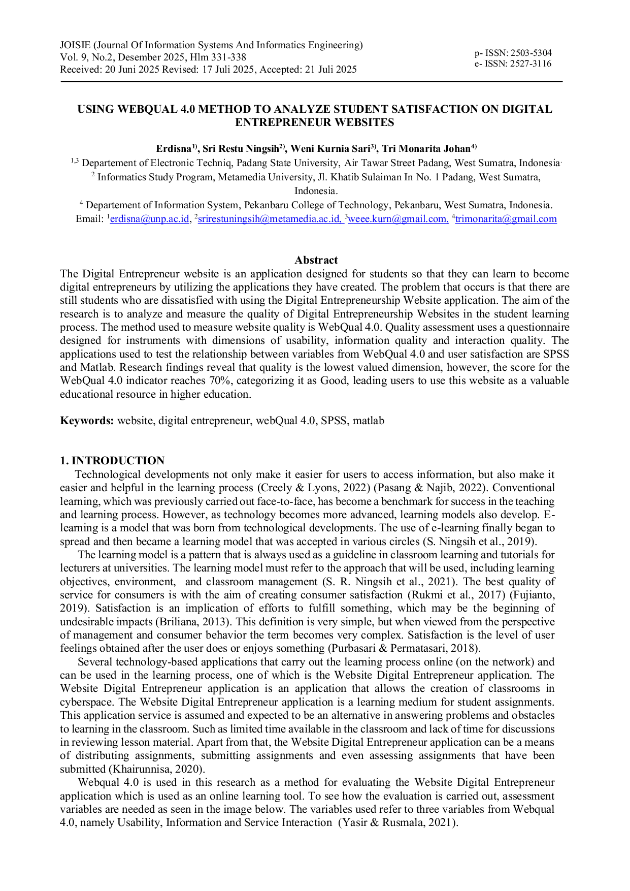JURIS Using WebQual 4 0 Method to Analyze Student Satisfaction on Digital Entrepreneur Websites