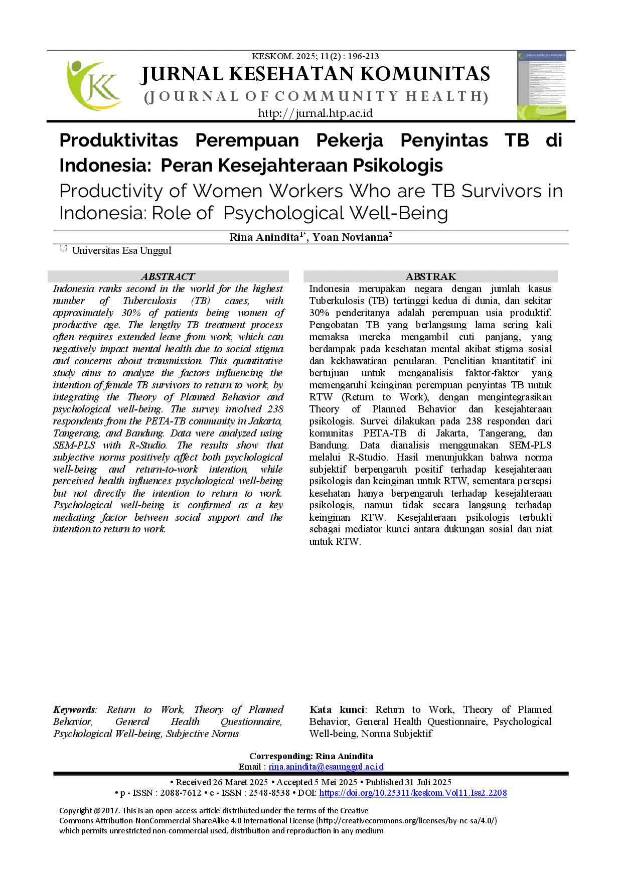 juris Produktivitas Perempuan Pekerja Penyintas TB di Indonesia Peran Kesejahteraan Psikologis