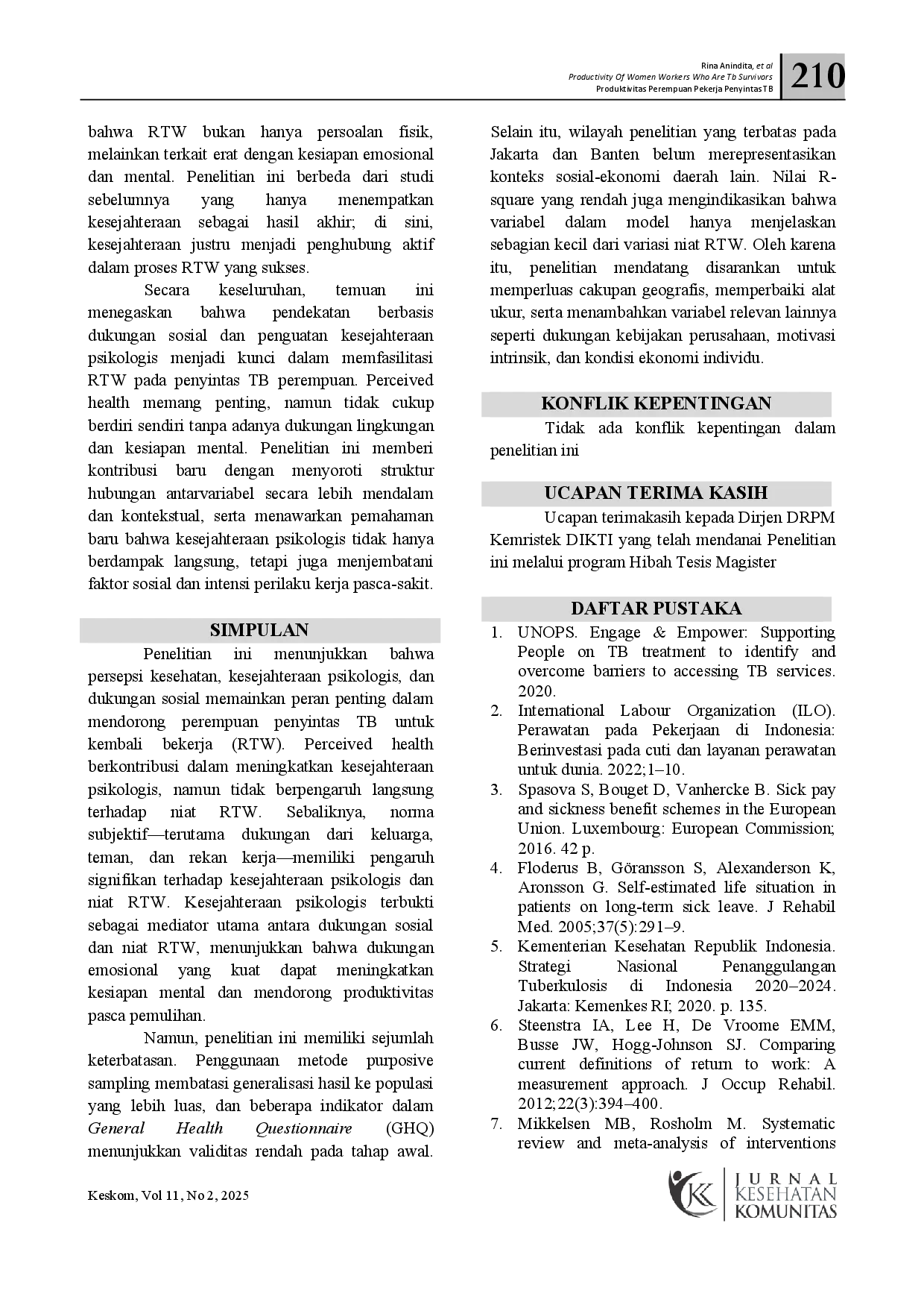 juris Produktivitas Perempuan Pekerja Penyintas TB di Indonesia Peran Kesejahteraan Psikologis