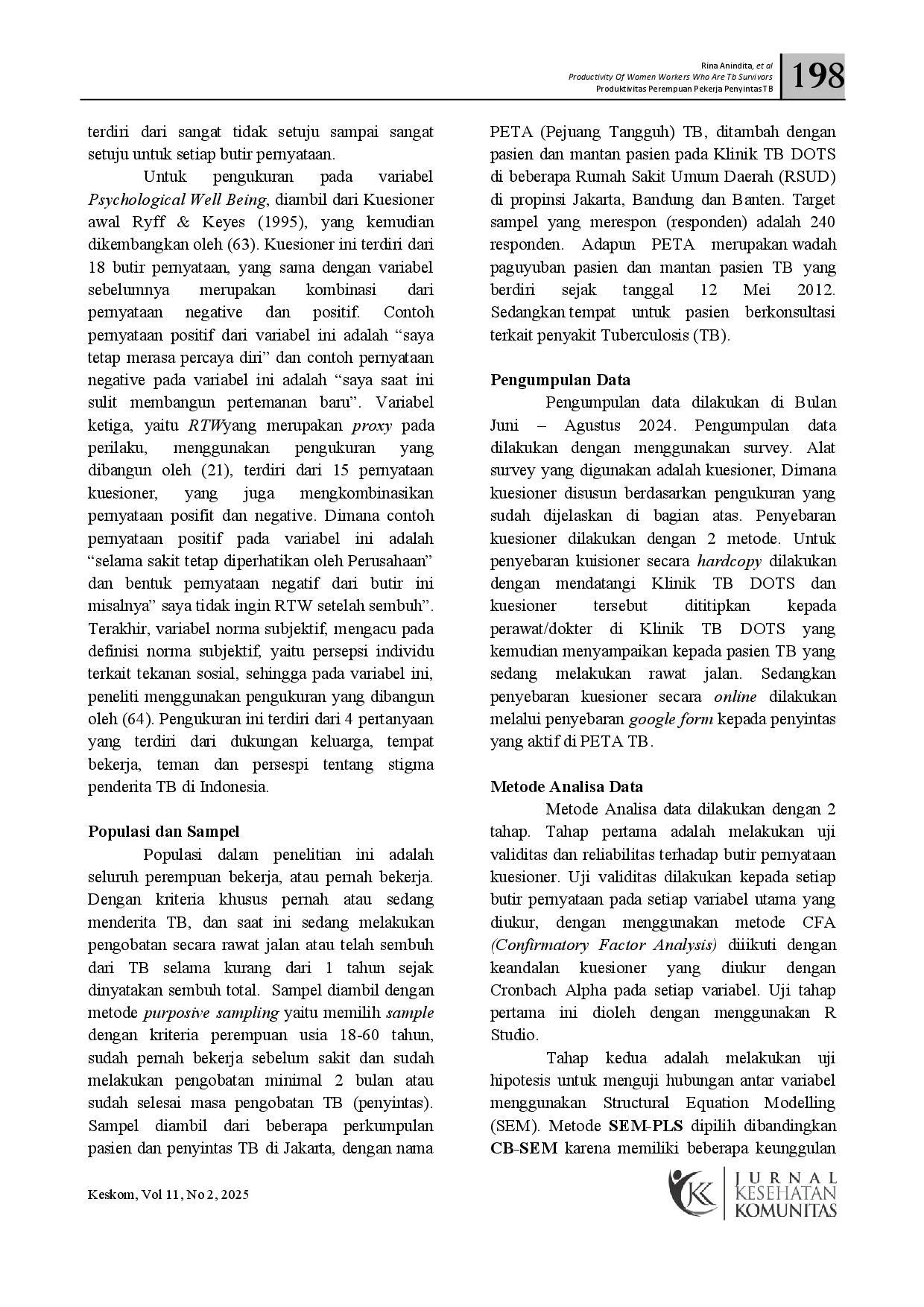 juris Produktivitas Perempuan Pekerja Penyintas TB di Indonesia Peran Kesejahteraan Psikologis