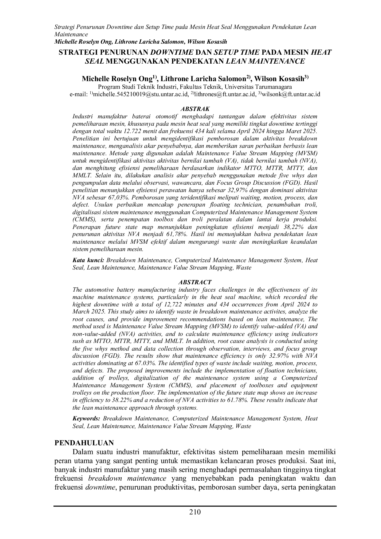 JURIS Strategi Penurunan Downtime Dan Setup Time Pada Mesin Heat Seal Menggunakan Pendekatan Lean Maintenance