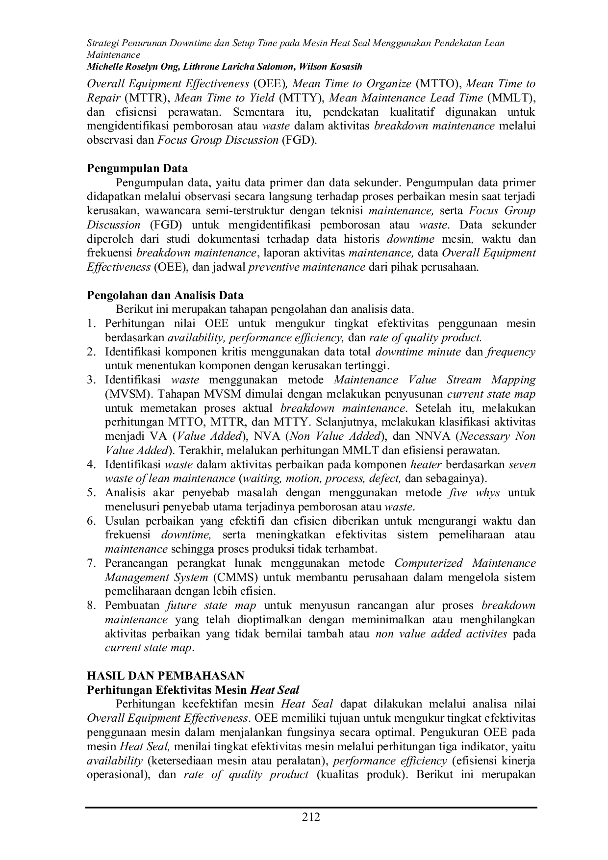 JURIS Strategi Penurunan Downtime Dan Setup Time Pada Mesin Heat Seal Menggunakan Pendekatan Lean Maintenance
