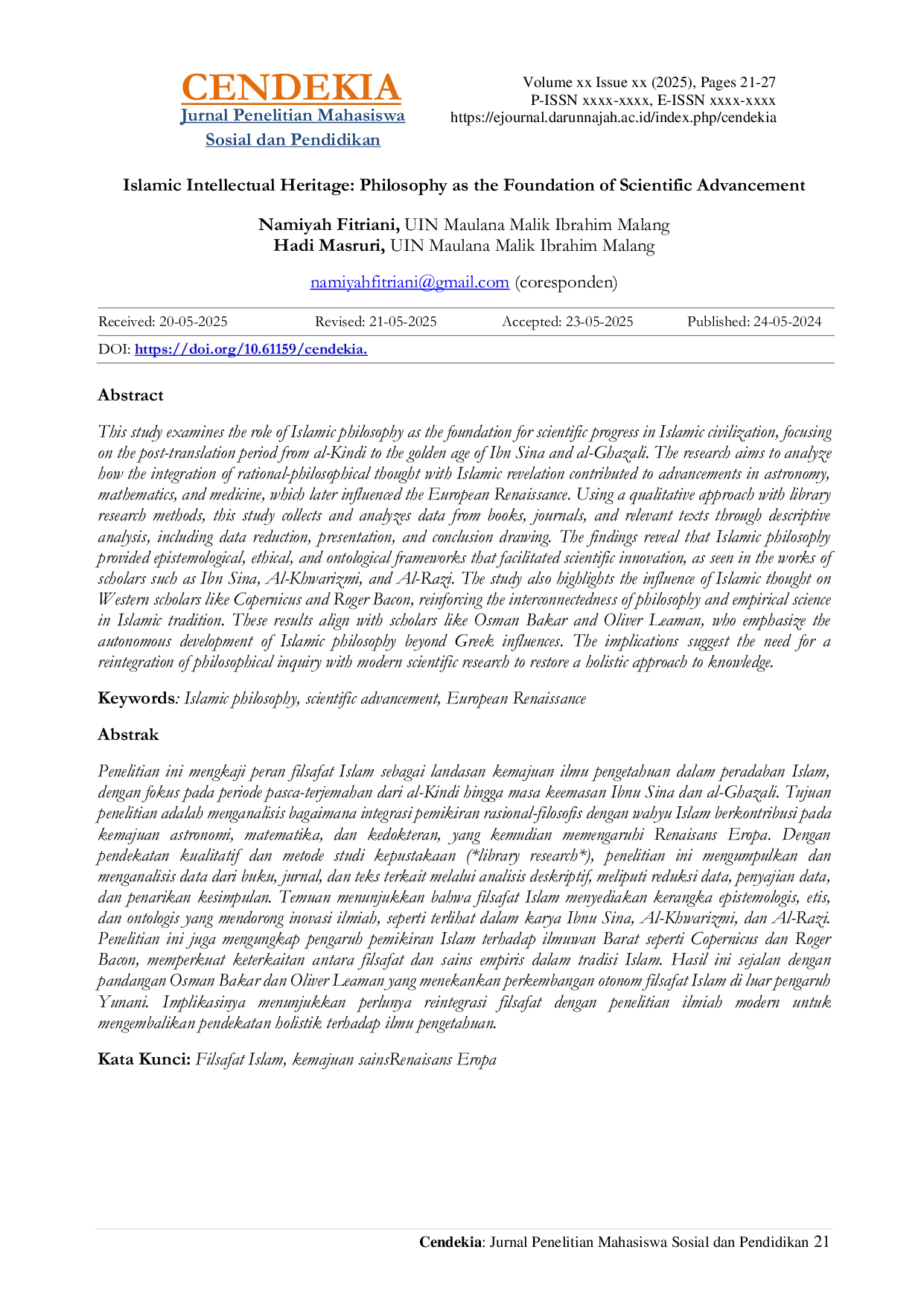 JURIS A Islamic Intellectual Heritage Philosophy as the Foundation of Scientific Advancement