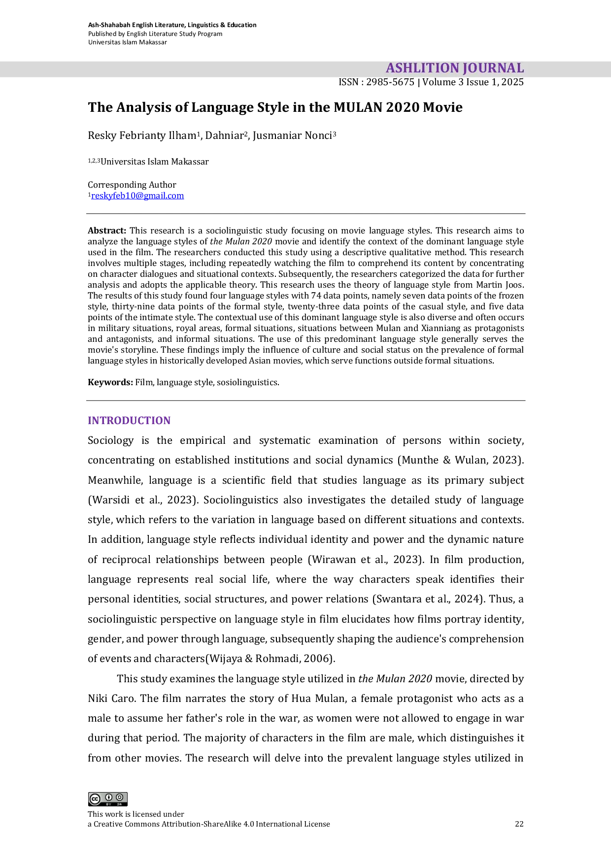 JURIS The Analysis of Language Style in the MULAN 2020 Movie