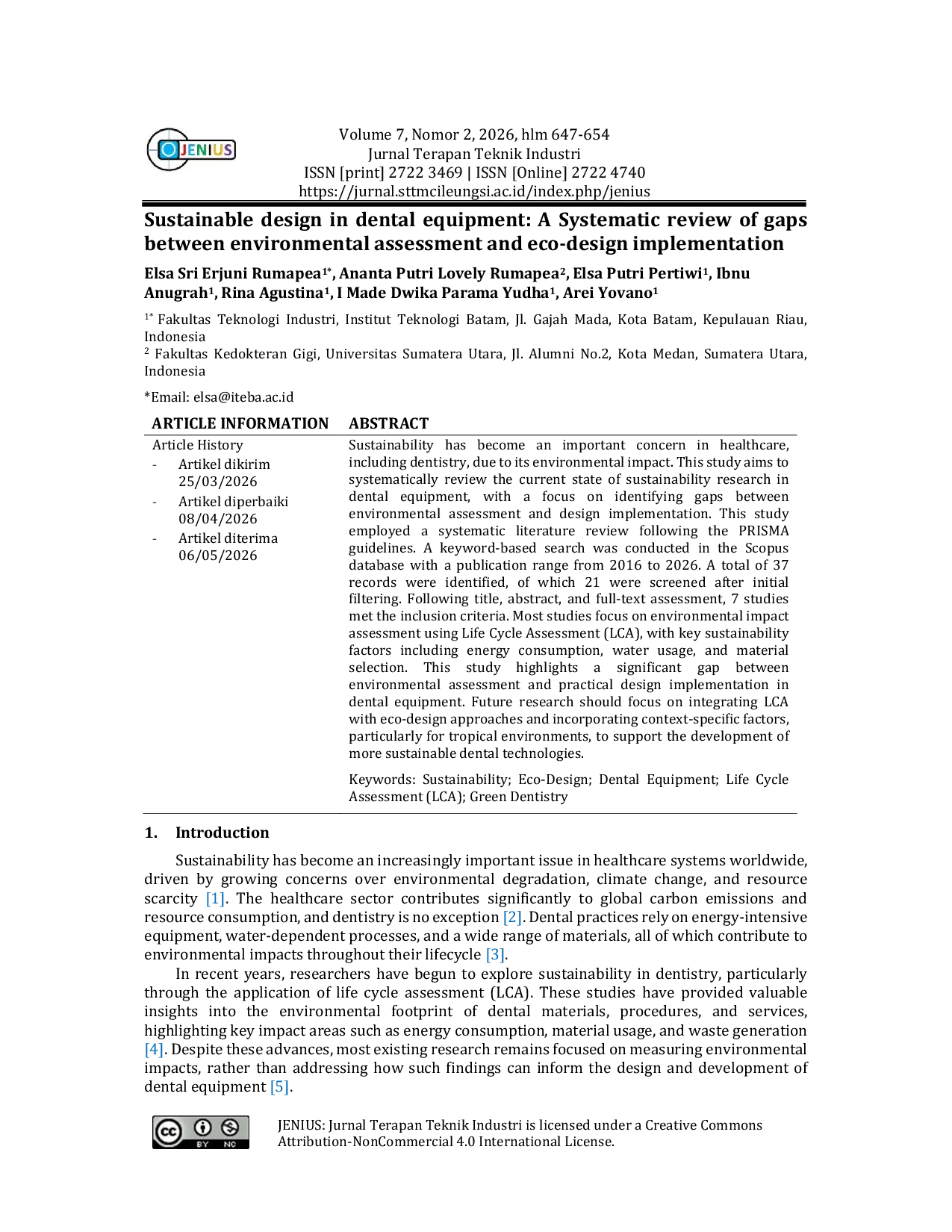 JURIS Sustainable design in dental equipment A Systematic review of gaps between environmental assessment and eco design implementation