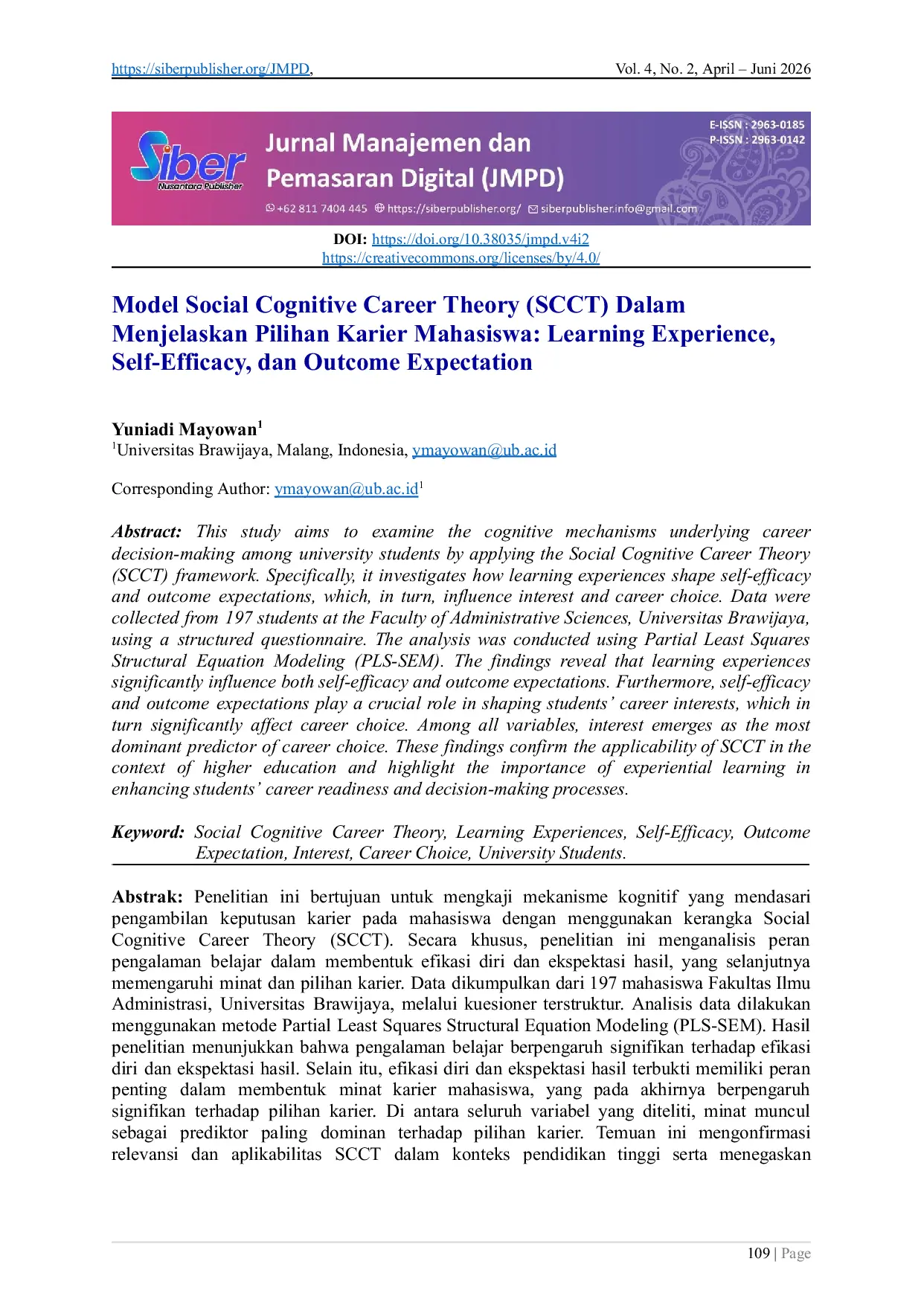 JURIS Model Social Cognitive Career Theory SCCT Dalam Menjelaskan Pilihan Karier Mahasiswa Learning Experience Self Efficacy dan Outcome Expectation