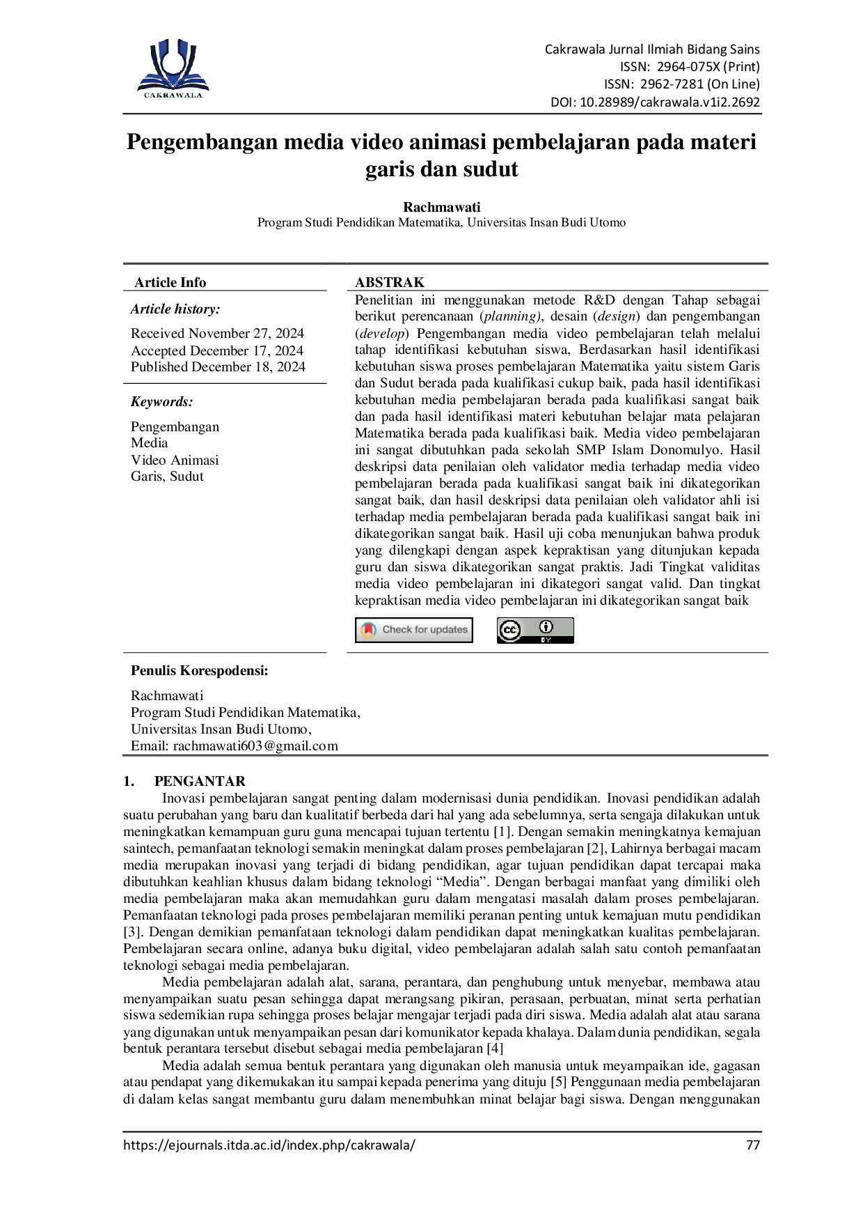 JURIS Pengembangan media video animasi pembelajaran pada materi garis dan sudut