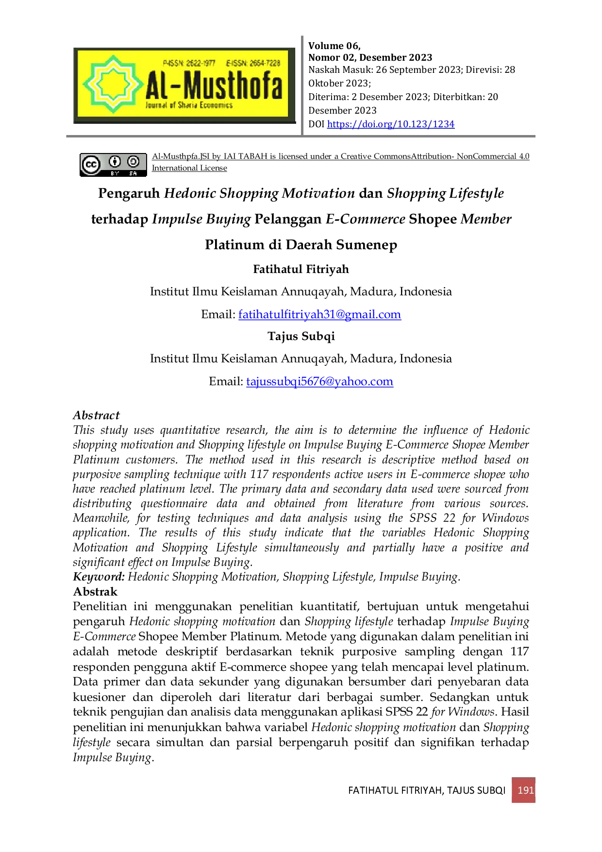 JURIS Pengaruh Hedonic Shopping Motivation dan Shopping Lifestyle terhadap Impulse Buying Pelanggan E Commerce Shopee Member Platinum di Daerah Sumenep