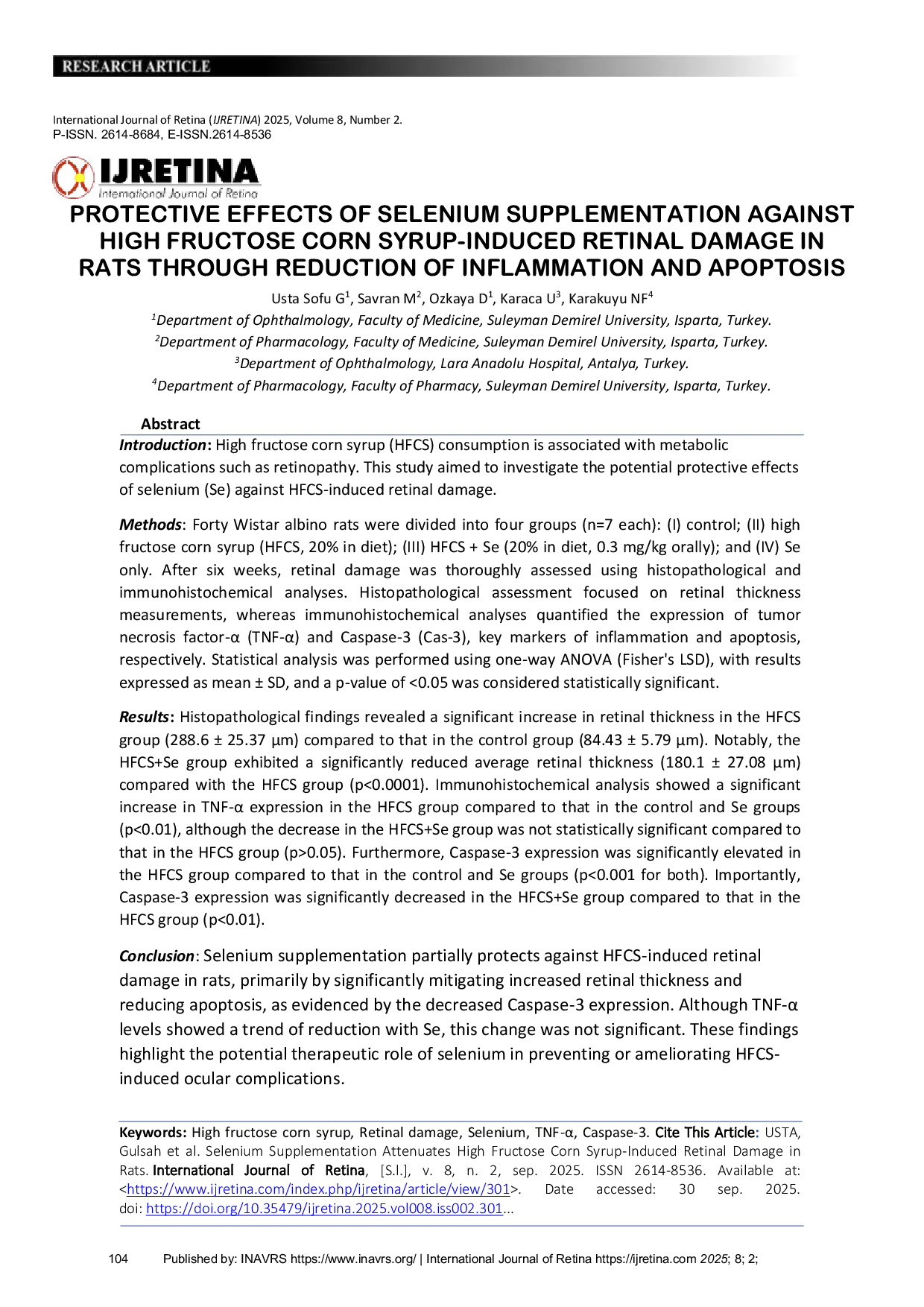 JURIS Protective Effects of Selenium Supplementation Against High Fructose Corn Syrup Induced Retinal Damage in Rats Through Reduction of Inflammation and Apoptosis