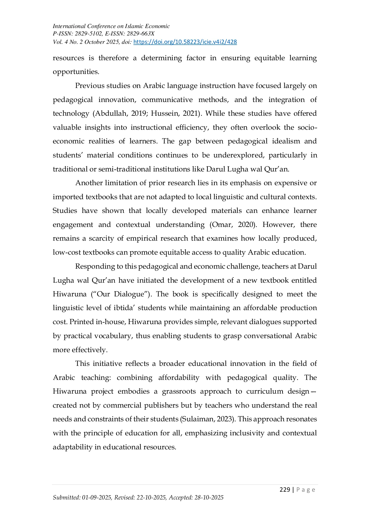 JURIS Equitable Arabic Language Learning An Innovative Response to Economic Challenges through the Hiwaruna Textbook