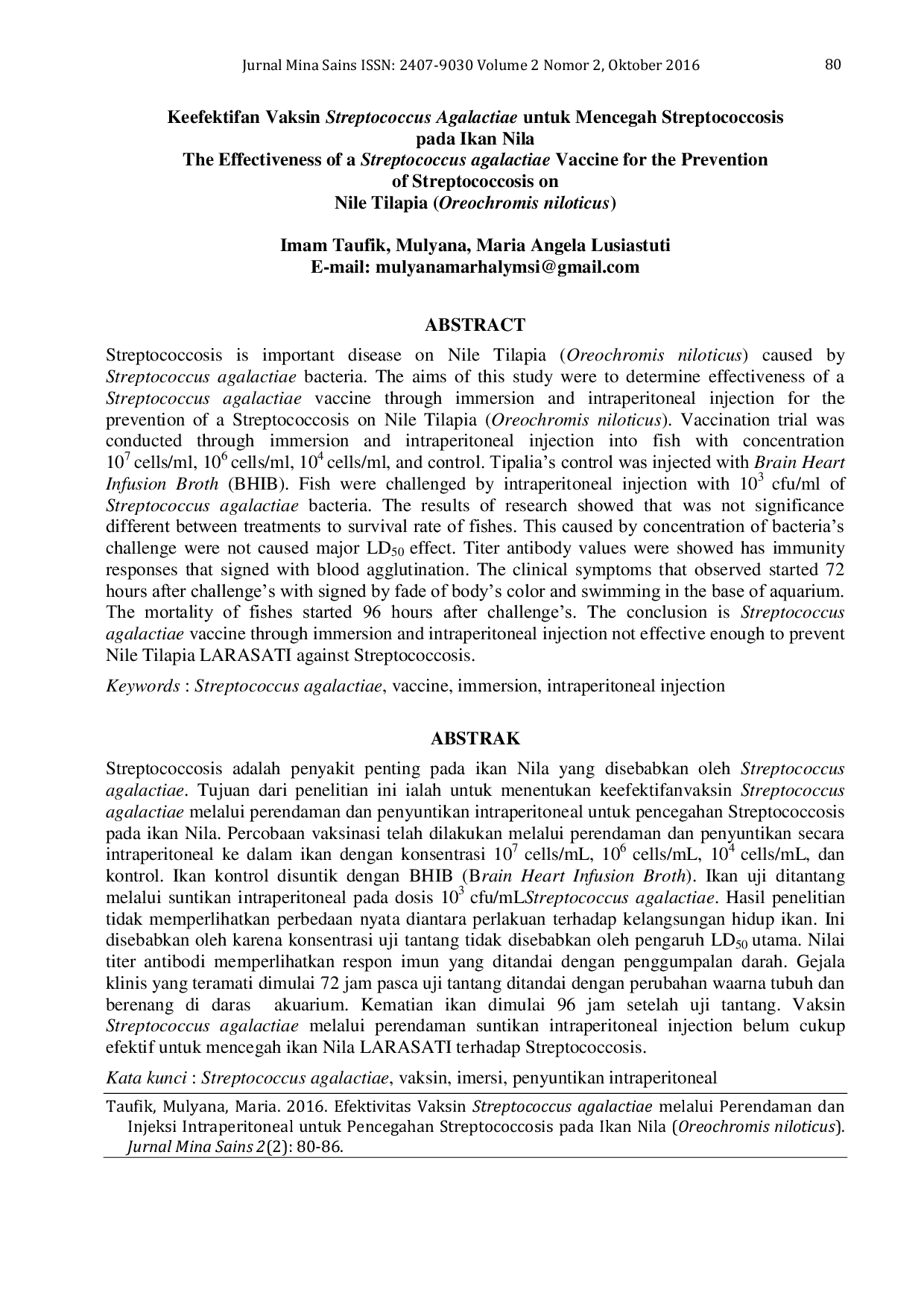 JURIS Keefektifan Vaksin Streptococcus agalactiae Untuk Mencegah Streptococcosis Pada Ikan Nila