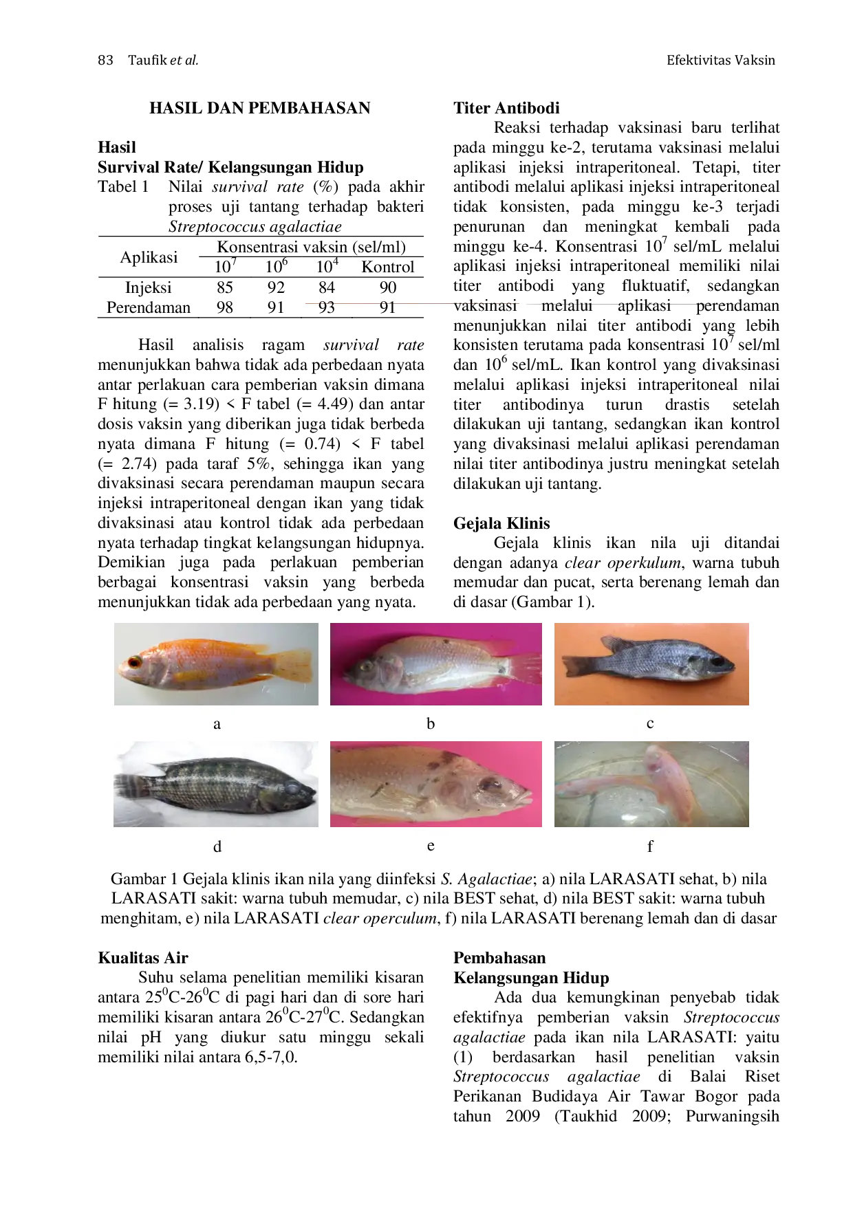 JURIS Keefektifan Vaksin Streptococcus agalactiae Untuk Mencegah Streptococcosis Pada Ikan Nila