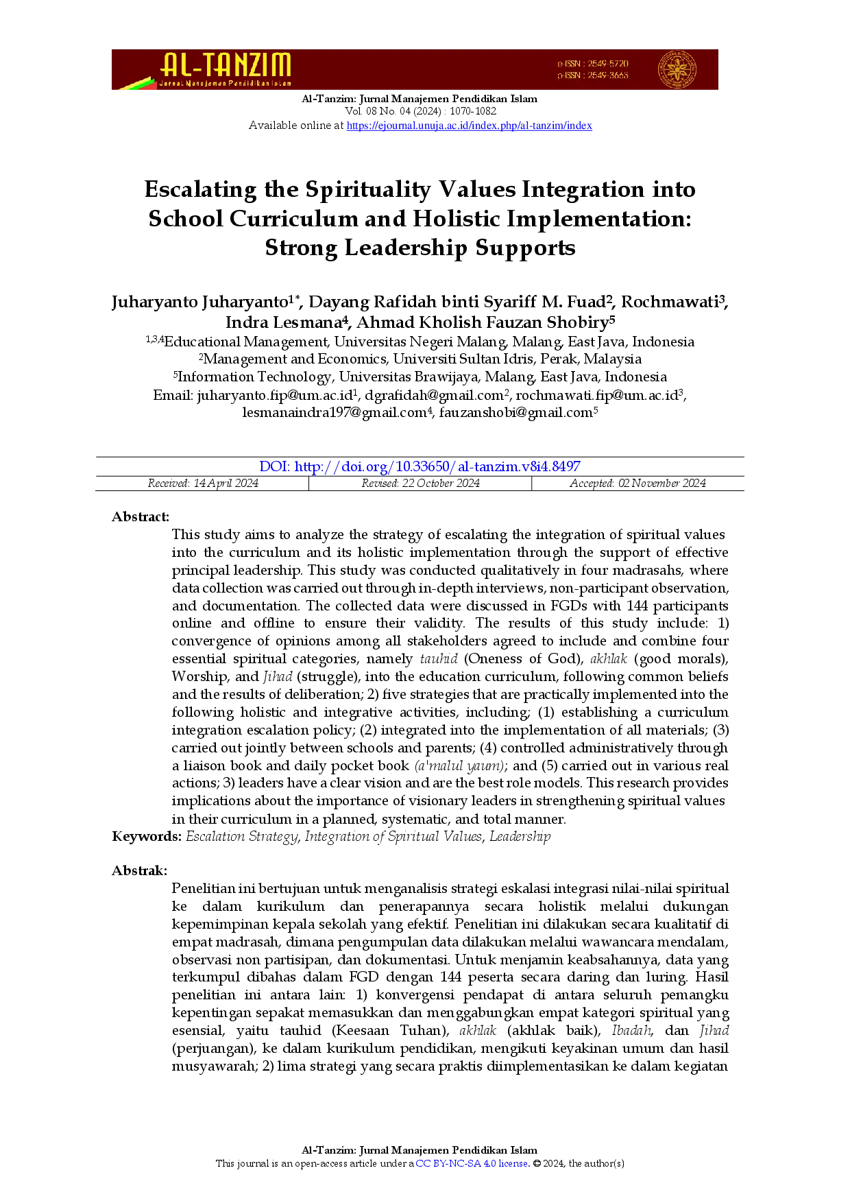 juris Escalating the Spirituality Values Integration into School Curriculum and Holistic Implementation Strong Leadership Supports