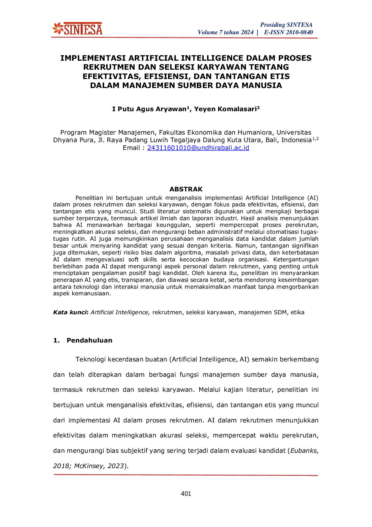 JURIS Implementasi Artificial Intelligence Dalam Proses Rekrutmen Dan Seleksi Karyawan Tentang Efektivitas Efisiensi Dan Tantangan Etis Dalam Manajemen Sumber Daya Manusia