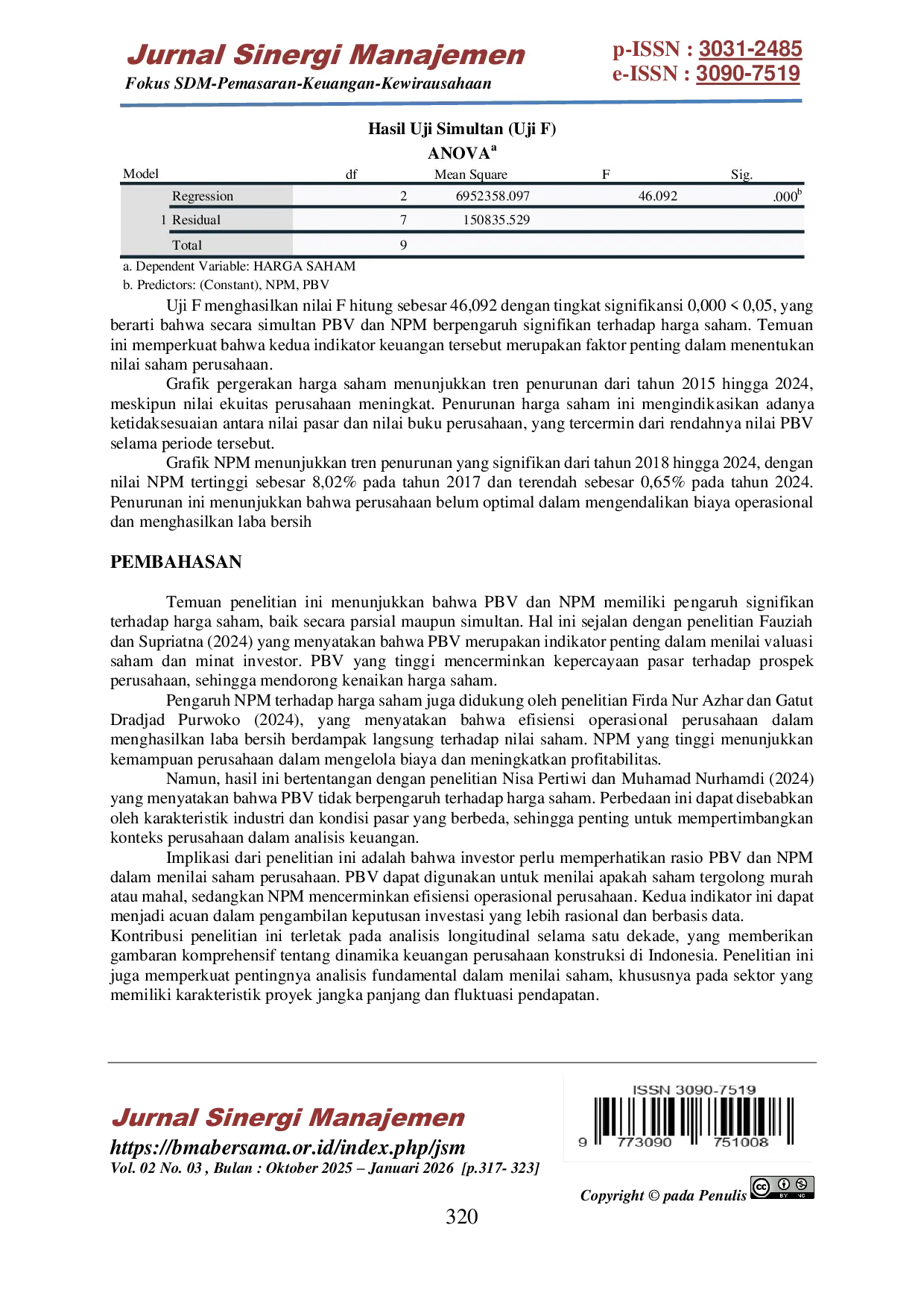 JURIS Pengaruh Price to Book Value PBV dan Net Profit Margin NPM terhadap Harga Saham pada PT Pembangunan Perumahan Persero Tbk Periode 2015 2024