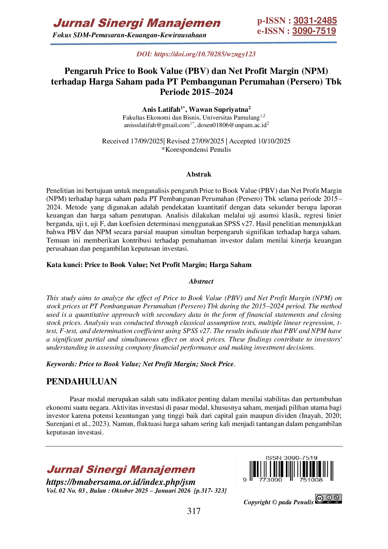 JURIS Pengaruh Price to Book Value PBV dan Net Profit Margin NPM terhadap Harga Saham pada PT Pembangunan Perumahan Persero Tbk Periode 2015 2024